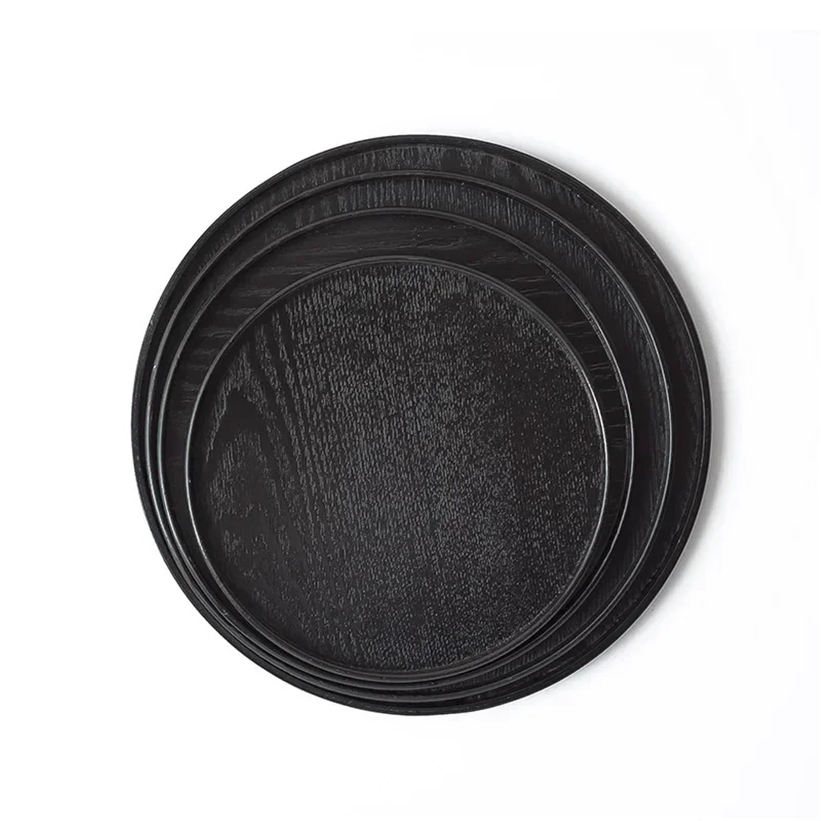 Bandeja para Servir (2 Unidades), Redonda de Madera Maciza, para té, café, Aperitivos, té, Rectangular, Tradicional (Redonda, Negra, 24 cm)