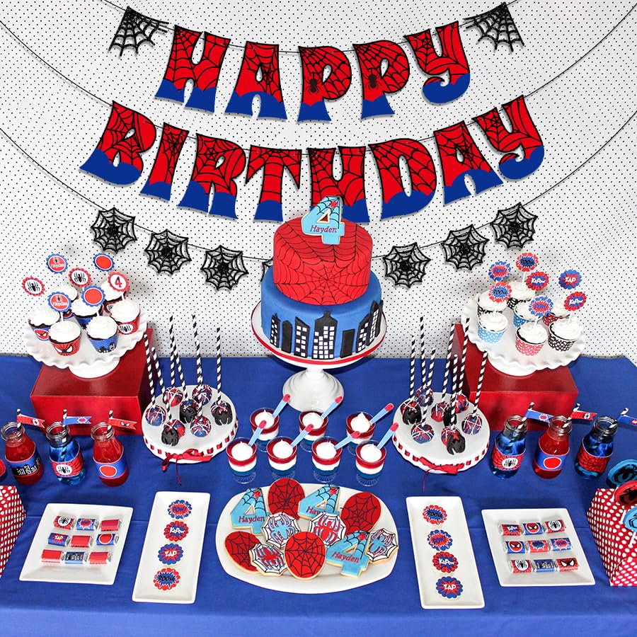 Image of Pre-Strung Spider Happy Birthday Banner, Spider Birthday Decorations for Kids Party Supplies
