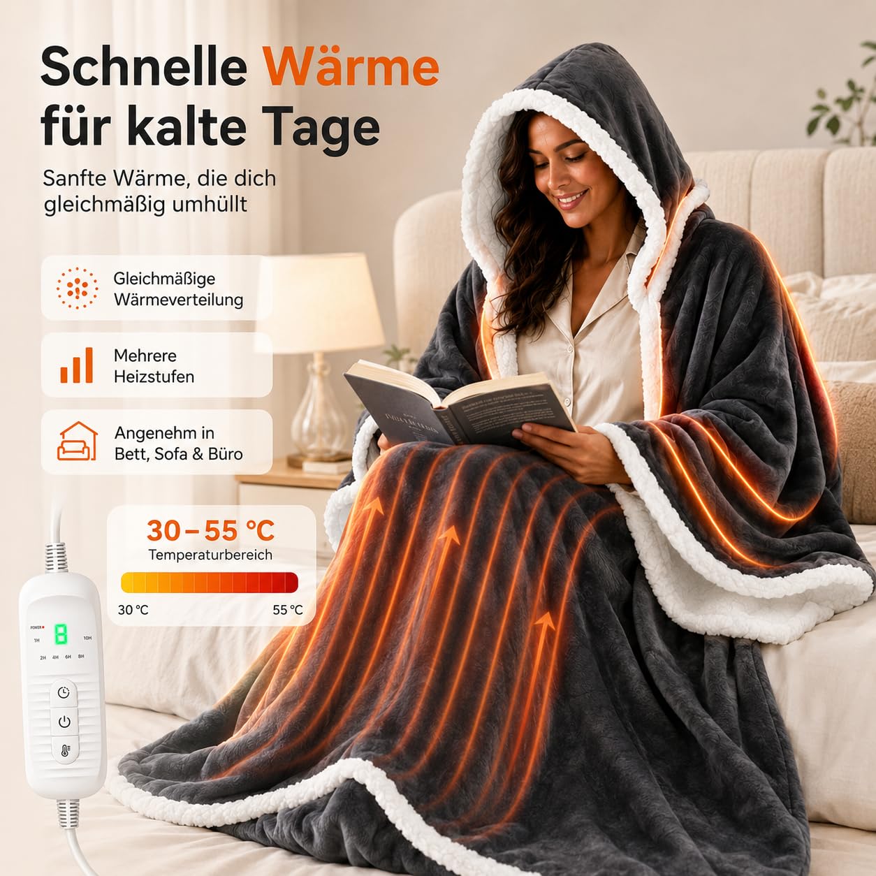 Pealeaf Beheizbare Decke mit Ärmeln und Fußtaschen, 8 Heizstufen, 6 Timer, Waschbar (Mit Füßen)