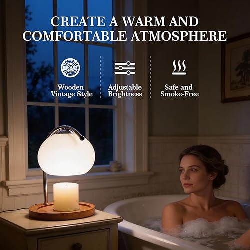 Miniatura 5 de Topyond Lámpara de fusión de cera aromática, bandeja de almacenamiento de madera retro, calentador de velas de vidrio, lámpara de escritorio,