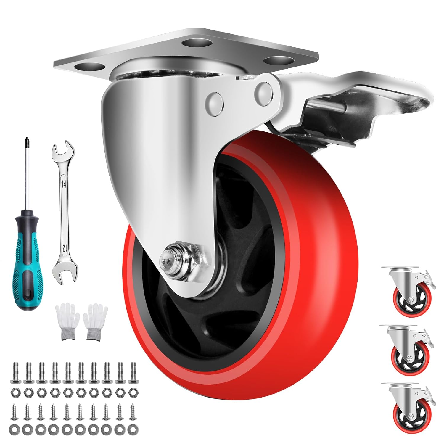 HXSMUYC 4 Inch Heavy Duty Caster Wheels with Brake, 2200 lbs Capacity Set of 4, 360° Swivel for Carts, Workbenches, Furniture