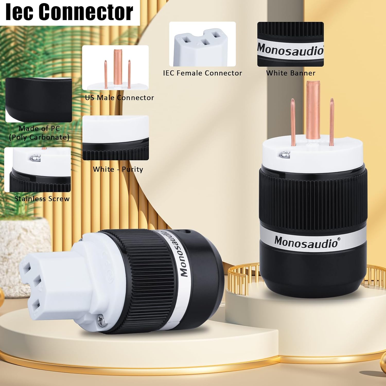 Monosaudio HiFi Power Plug Pure Copper 15A/125V 10A/250V IEC C13/C15 Power Connector Hi-end Audio Power Plug Audiophile Power Plug for DIY Audiophile Power Cord HiFi Audio AC Power Cable（M130/F130）