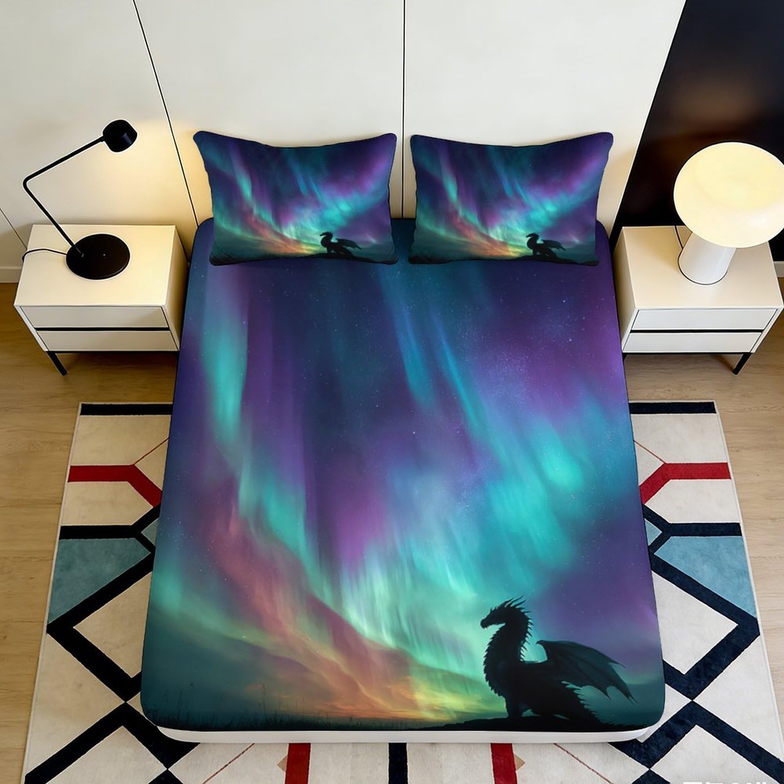 3D Printed Northern Lights Fitted Sheet Microfiber Soft Aurora Dragon Mattress Cover Bedroom Decor Anti-Slip 140x200x25cm