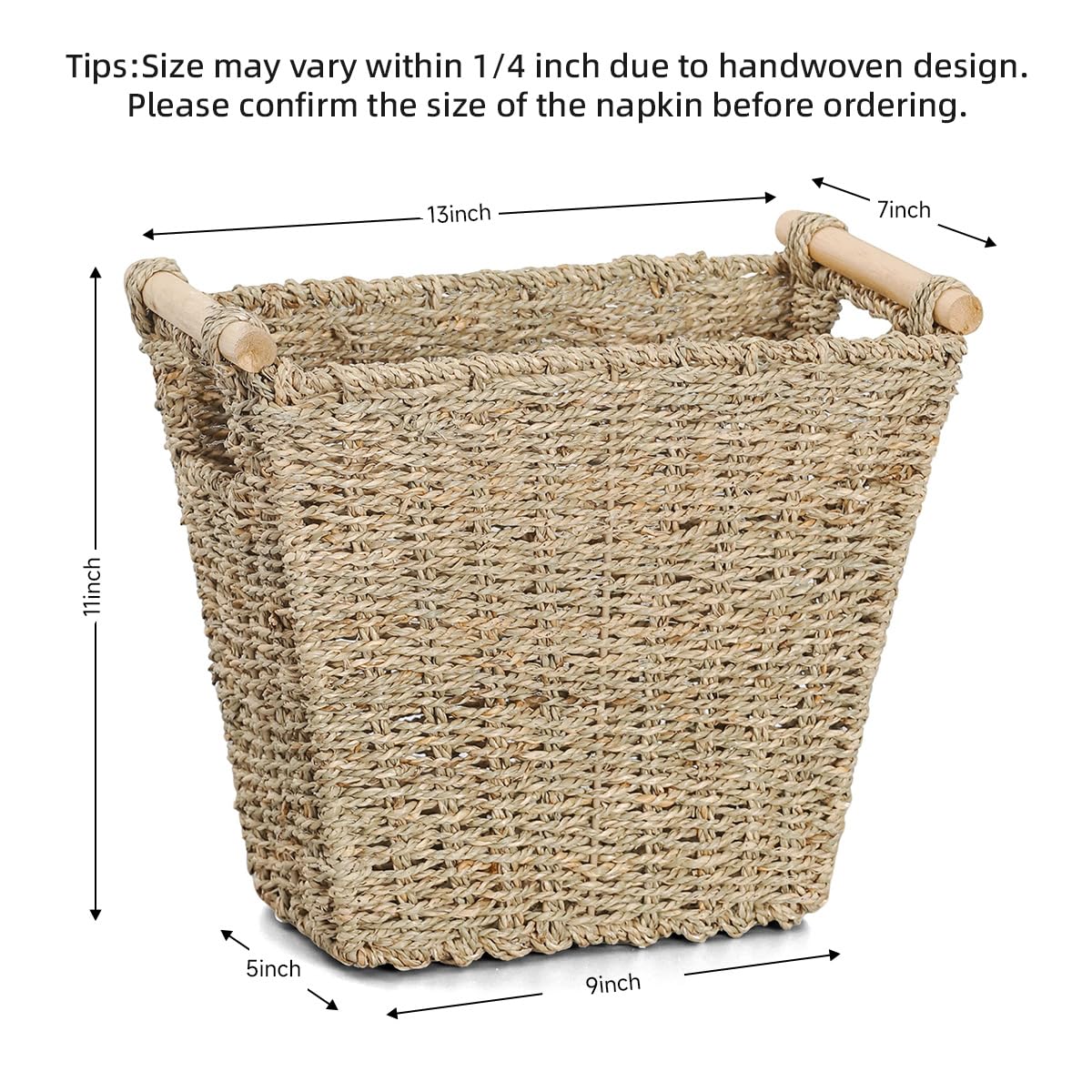 WEAVELYRICS Wicker Trash Can with Wooden Handles, Seagrass Wicker Waste Bin, Bathroom Trash Can, Wastepaper Basket for Bedroom, Bathroom, Kitchen, Living Room, 1 Pack (Natural Seagrass)