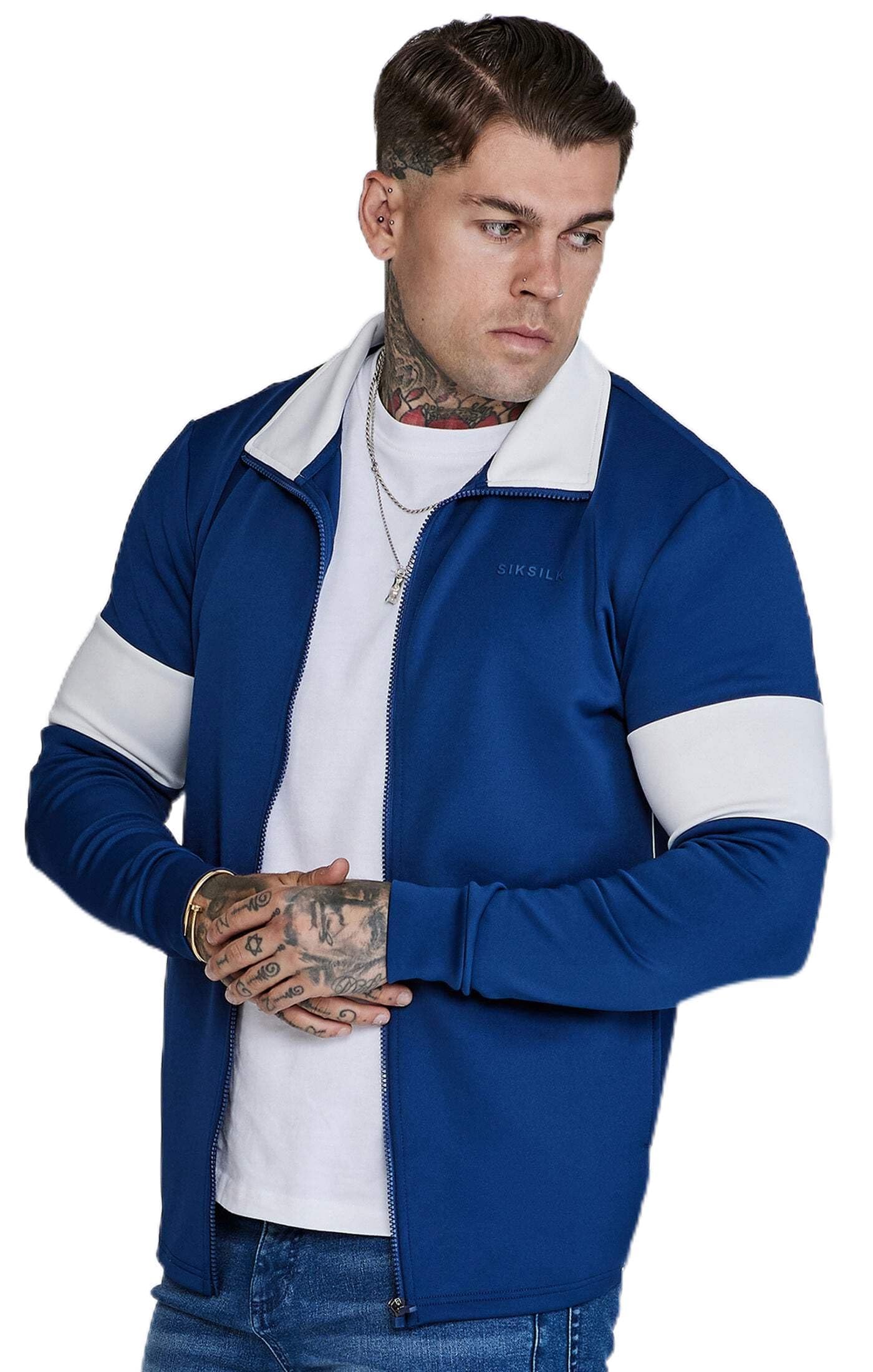 SikSilk Men's Navy Blue Track Top SS-26830 - M, L, XL (Coat, Modern Fit, Stretch Fabric, Muscle Fit, Running, Jogging) (US, Alpha, X-Large, Standard, Blue)