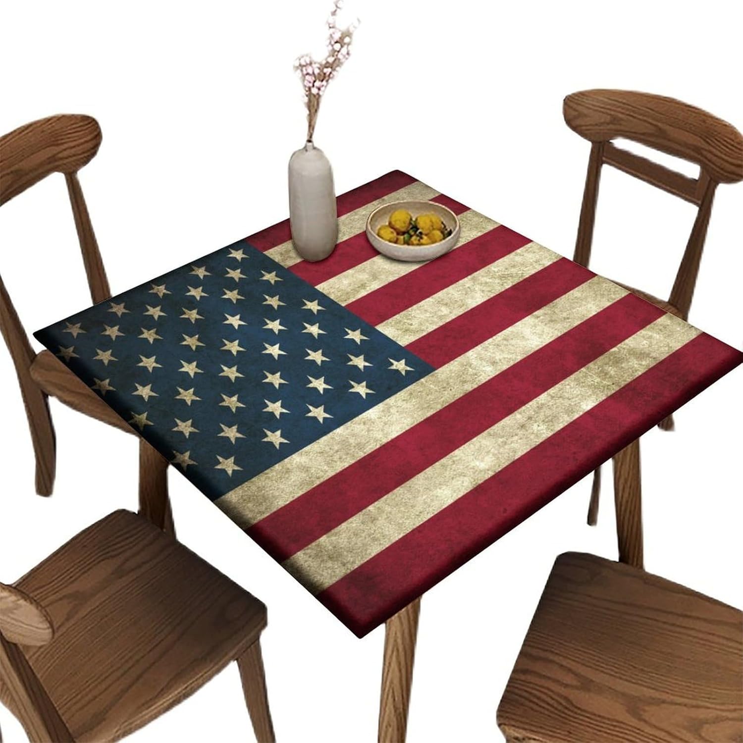 Elastic Edge Square Fitted Tablecloth, USA American Flag Polyester Table Cover, for Indoor Outdoor Kitchen Home Party Dinner Patio, Fit for 36" x 36"Square Table