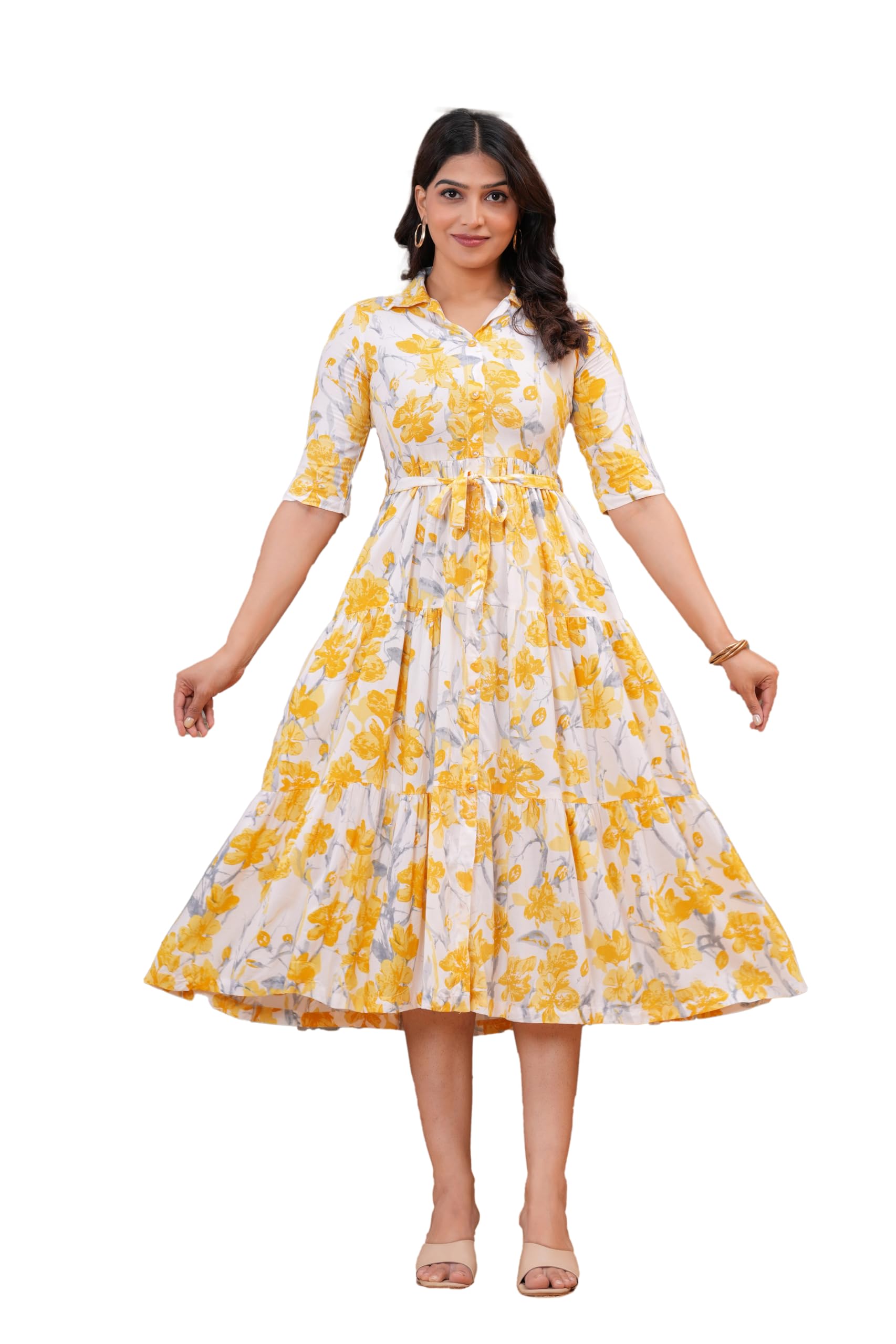 clothy n wave Women's Rayon Printed Flared Dress(DR194Yellow)-picture-17