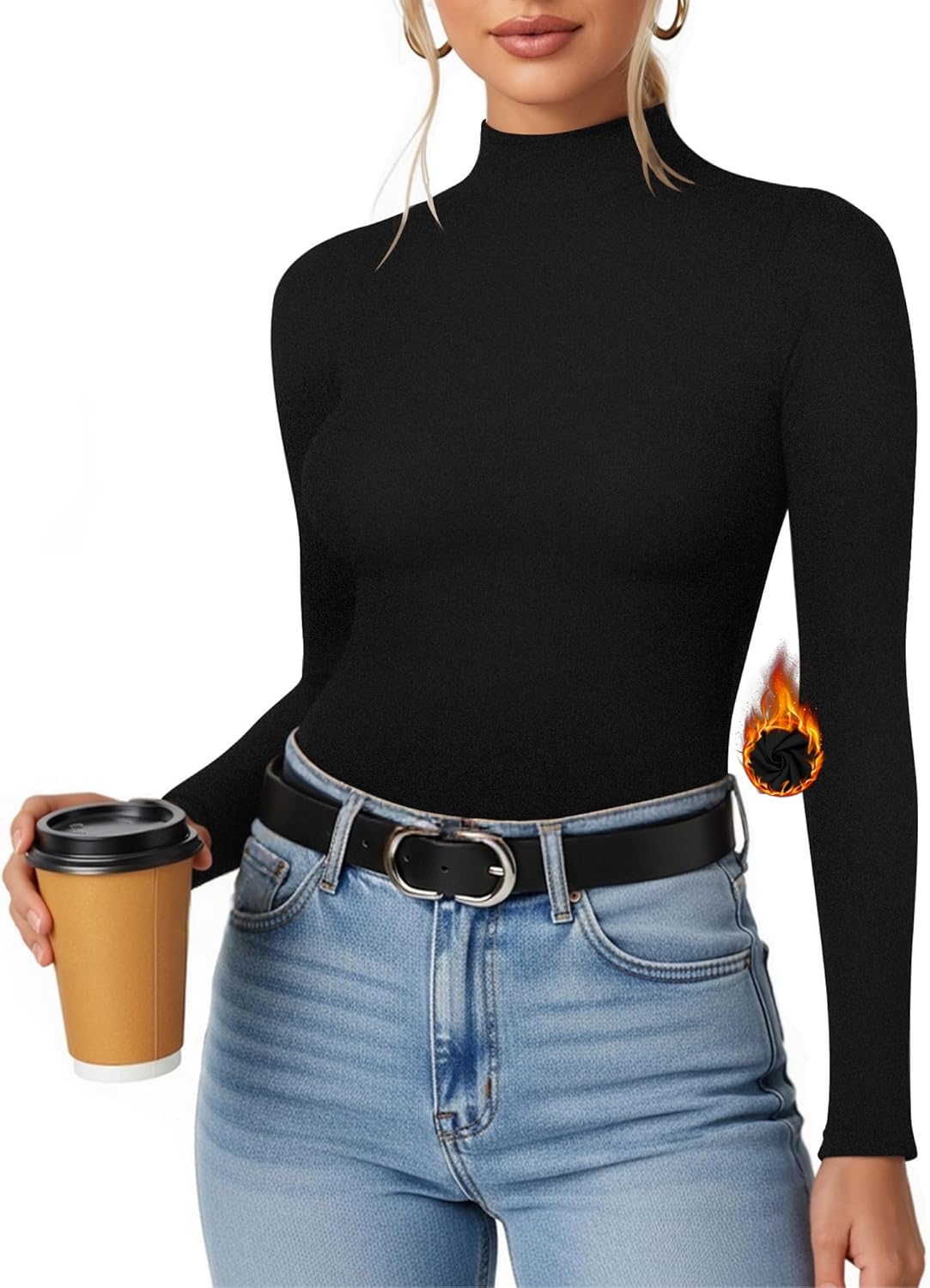 MANGOPOP Women's Mock Turtleneck Long Sleeve Shirt Fall Outfits Fashion Thermal Undershirt Basic Tops Fleece Lined Tee 2025