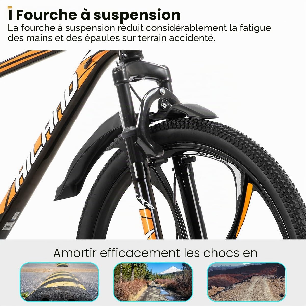 HILAND VTT 26 Pouces pour Adultes, 3/6 Roues à Rayons, 18 Vitesses, pour Homme et Femme, avec Double Frein à Disque, Cadre en Aluminium de 26 Pouces, Noir/Bleu/Orange/Blanc