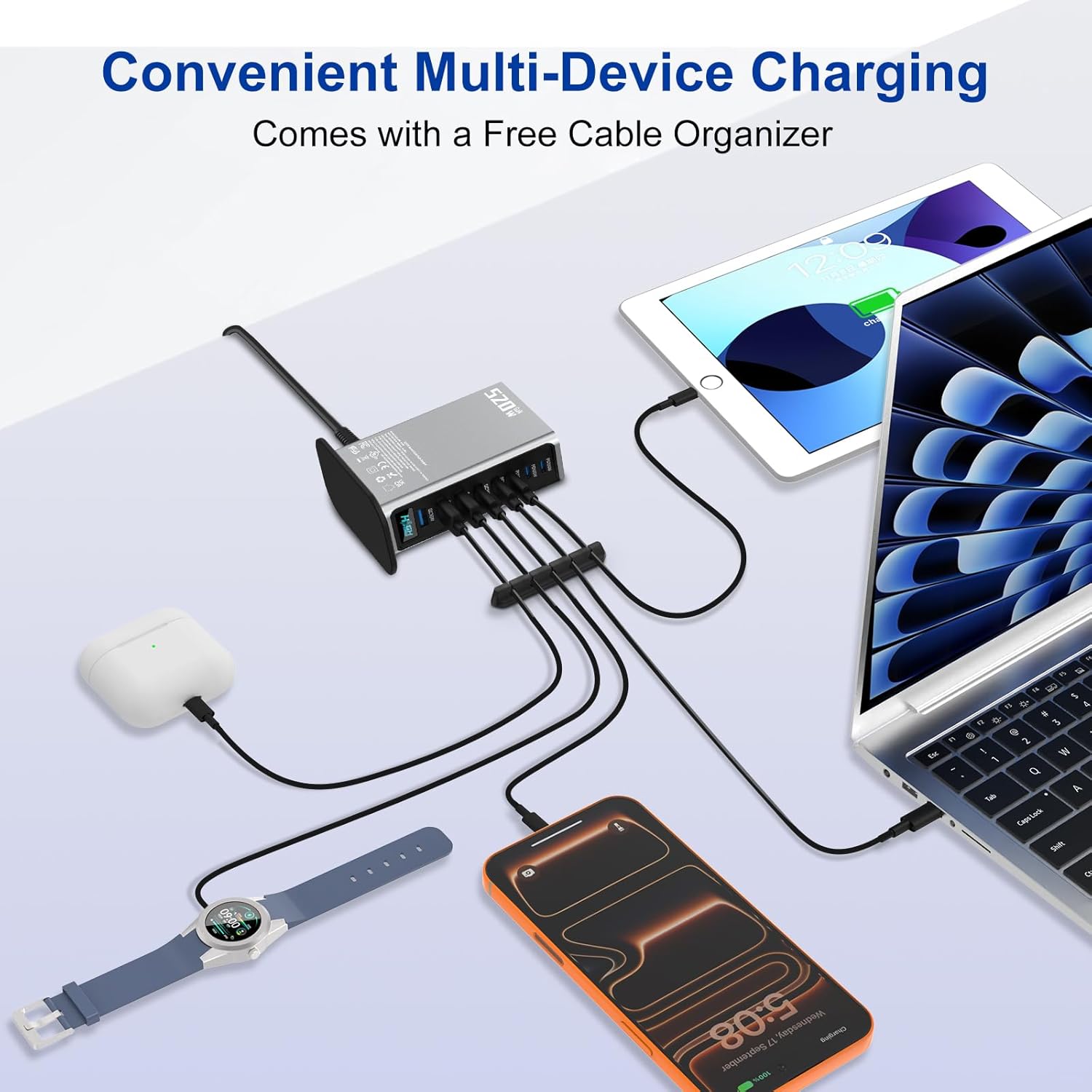 520W USB C Charger Station, 8-Port (4C+4A) GaN Fast Charger Block, 100W PD PPS for MacBook/iPad/iPhone, with PFC & Anti-Slip Base, Ventilation Design, Include 1.5M 100W Cable & Cable Organizer