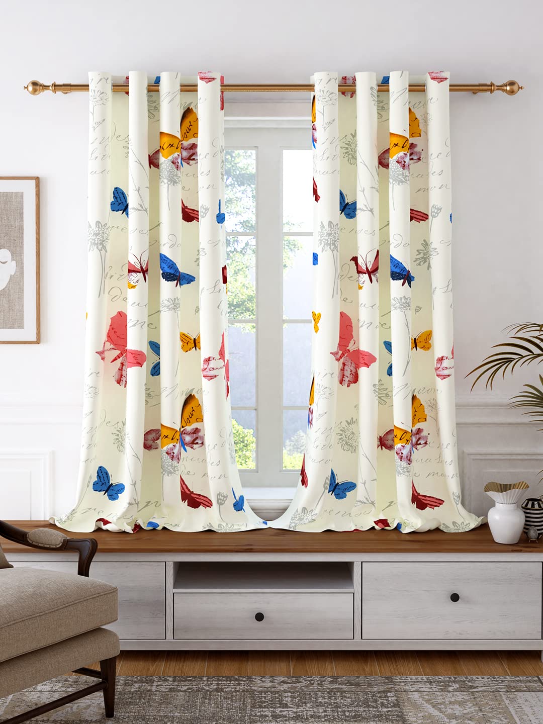 Story@Home Cotton Window Curtains 5 Feet Long 2 Piece | Bohemian Cotton Curtain | Floral Printed | Light Filtering Curtains for Living Room | (116 x 152 cm, White & Blue) | Perfect for Home Decor