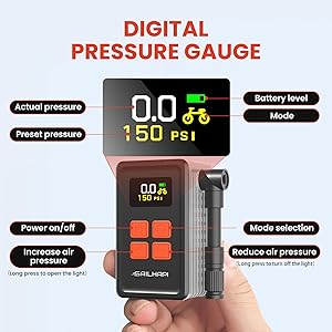 SAILHAPI Mini Bike Tire Pump (150PSI Fast Inflation with Guage) (Presta and Schrader Valve) Portable Electric Air Pump for Road and Mountain Bicycle, E-Bike, Motorcycle, Sports Ball