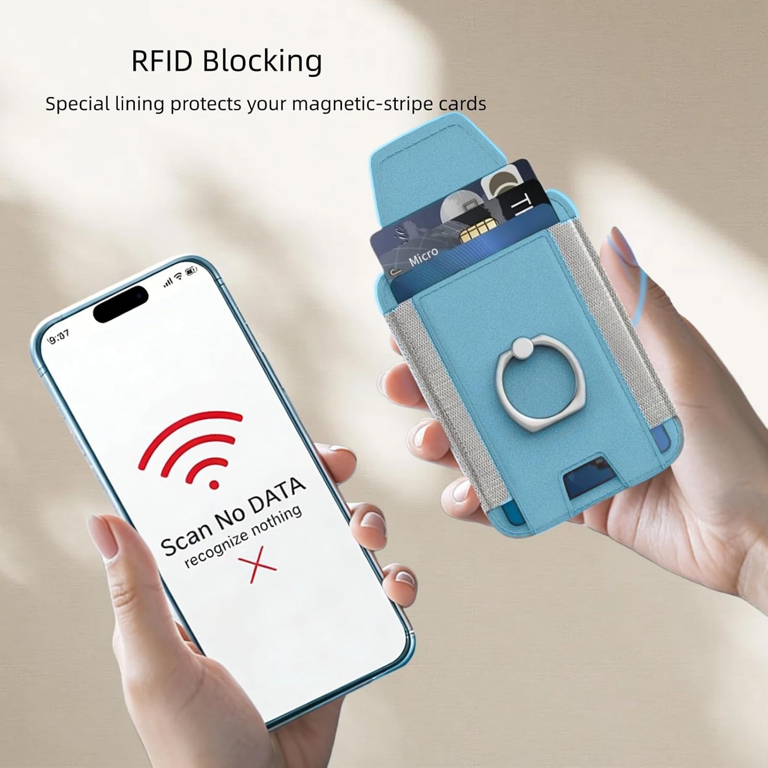 for Magsafe Wallet, Slim Magnetic Card Wallet with Grip, 7 Cards Holder RFID Blocking, Ring Stand Stick on Wallet with Privacy Flap(Sky Blue) image 4