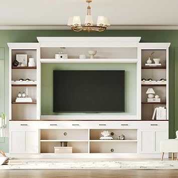 Merax Modern Large Entertainment Center Wall Unit for Televisions Up to 70, Wood 4 Piece TV Stands with Bookshelf, Media Console w/Storage for Living Room Bedroom, White
