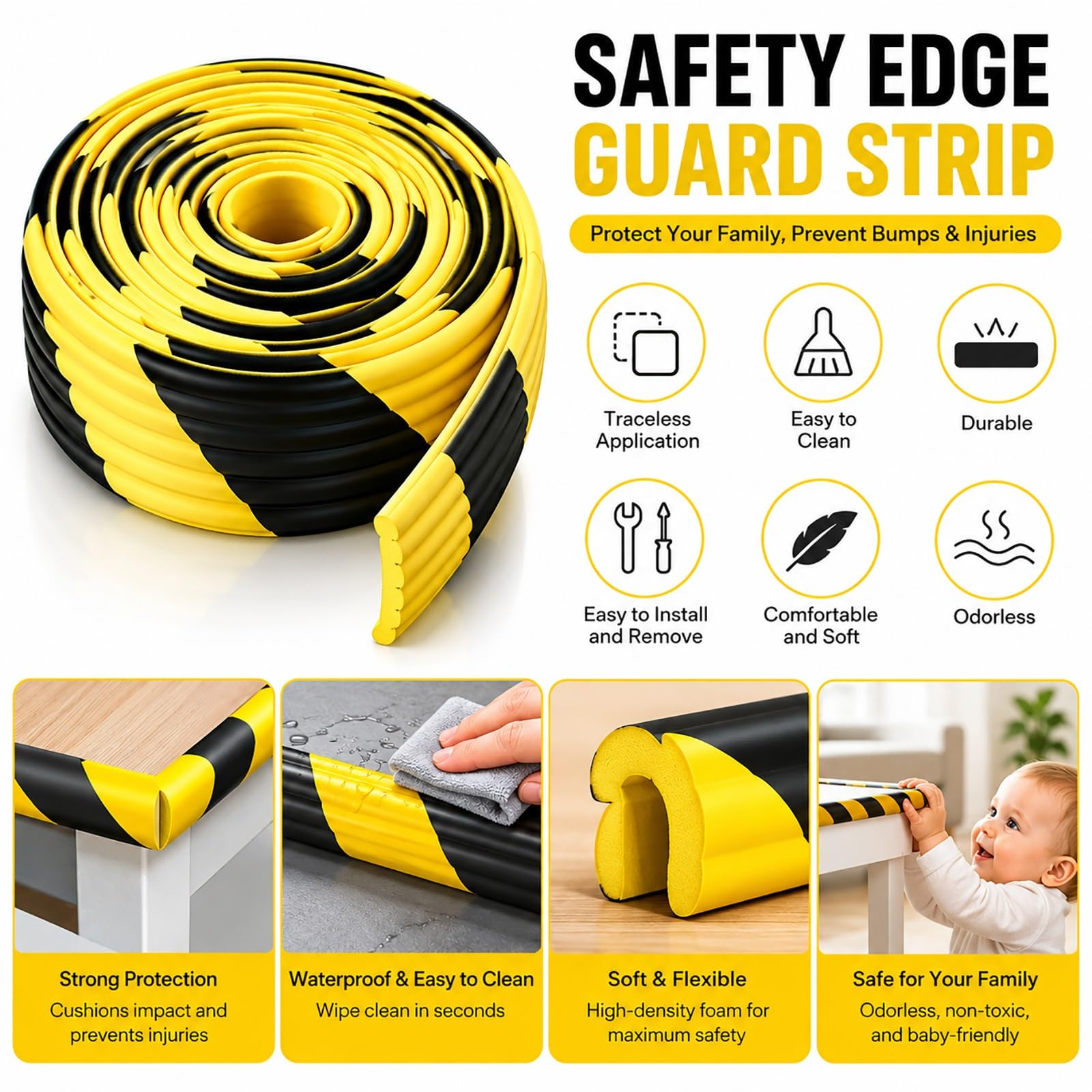 Protector de Bordes de Seguridad de 5 M, Tira Protectora de Esquinas en Negro y Amarillo con Respaldo Adhesivo, para Paredes, Almacenes, Estacionamientos y Equipos