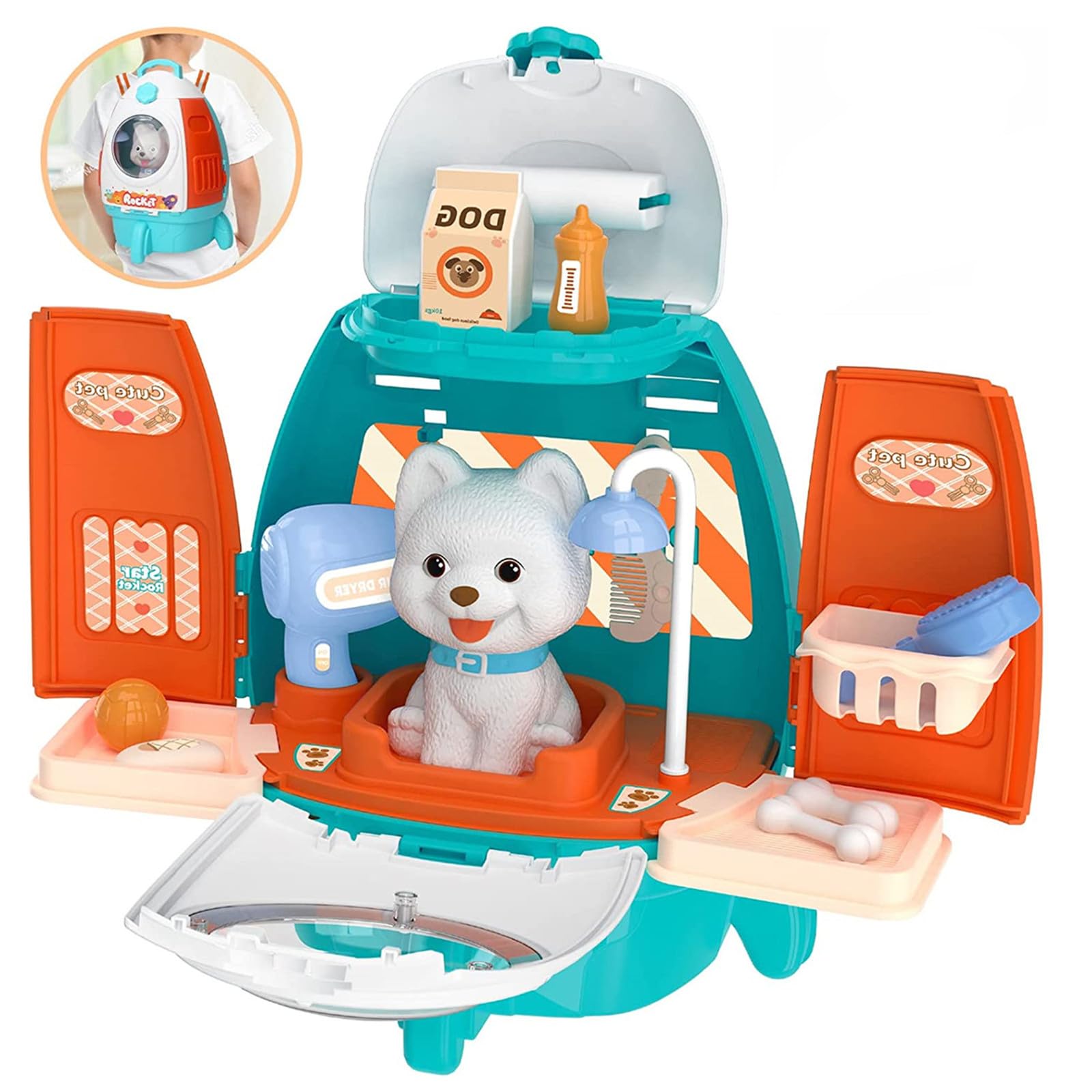 AM ANNA Pet Care Playset, 18Pcs Kids Doctor Kit with Dog & Backpack for Dog Grooming & Feeding,Pet Doctor Pretend Play Toys for 3-8 Years Old Girls Boys