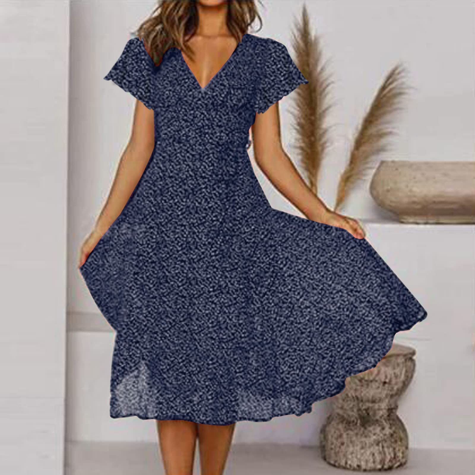 Generico Elegantes Damenkleid Curvy Midi – Damenkleid mit Punkten für den Sommer, V-Ausschnitt, kurzärmlig, leicht, atmungsaktiv, Kleid aus weichem Tüll, Freizeitkleider für Strandurlaub