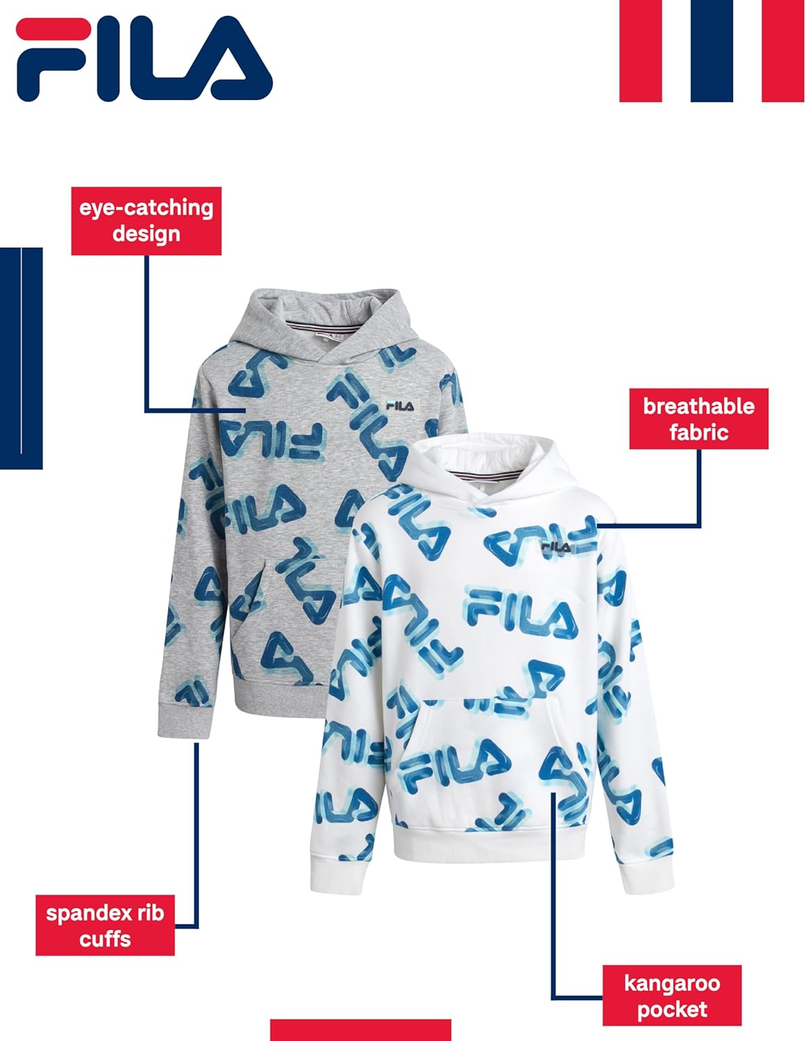 Fila Boys Sweatshirts - 2 Pack Lightweight Soft Fleece Athletic Graphic Hoodies Sweatshirt for Boys with Kangaroo Pocket - Image 2