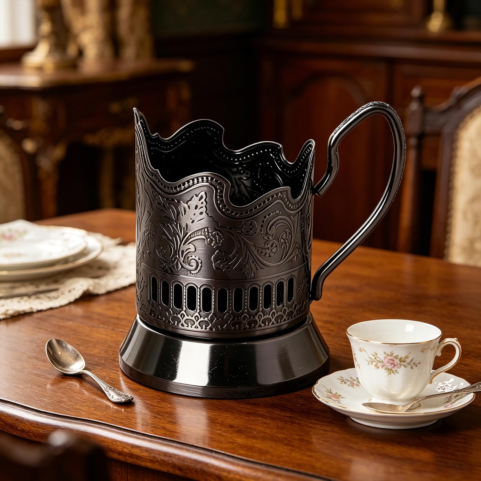 昭和レトロ コーヒーカップホルダー 6カップ掛け Amazon｜古典的なロシアの Podstakannik 鉄カップホルダー 花柄と