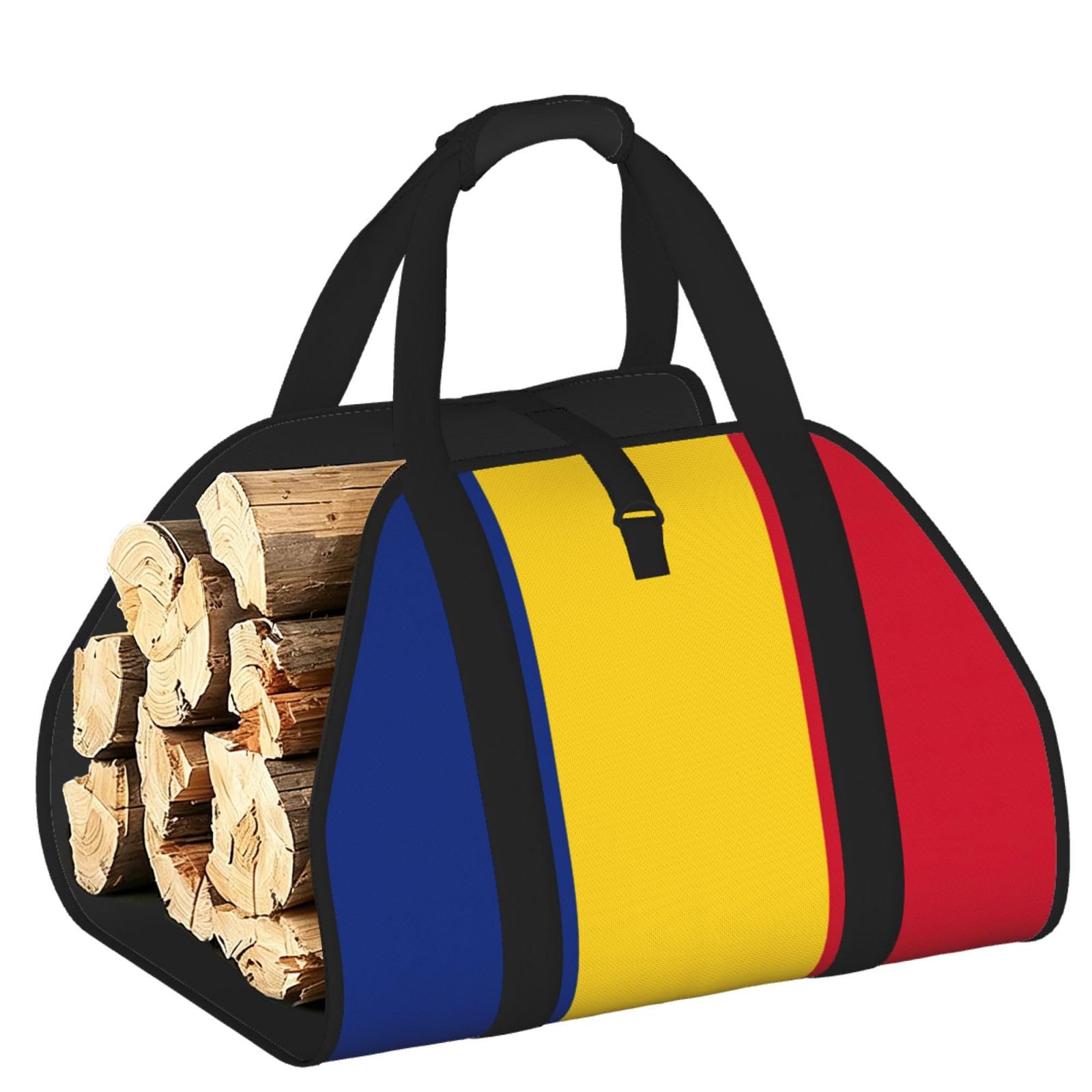 Flag of Romania Printed Firewood Log Carrier, Large Tote Bag with Reinforced Handles for Camping Fireplace Home