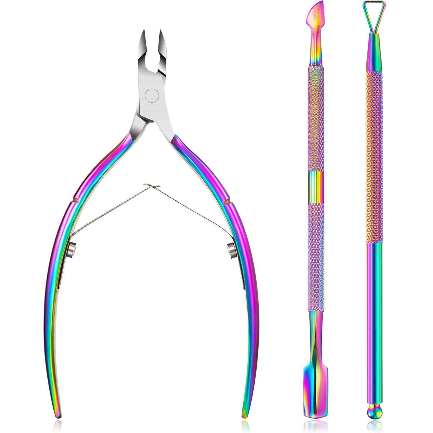 Cuticle Nipper with Nail Pusher Peeler Scraper Cuticle Cutters Nail Scissors Stainless Steel Cuticle Remover Manicure Nail Art Tools Set for Fingernails and Toenails (Chameleon)