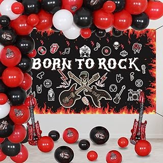 Crenics Rock and Roll Party Decorations - Large Born to Rock Backdrop Banner, Balloons Arch Kit and Guitar Foil Balloons for Rock Star Music Theme Birthday Party Supplies
