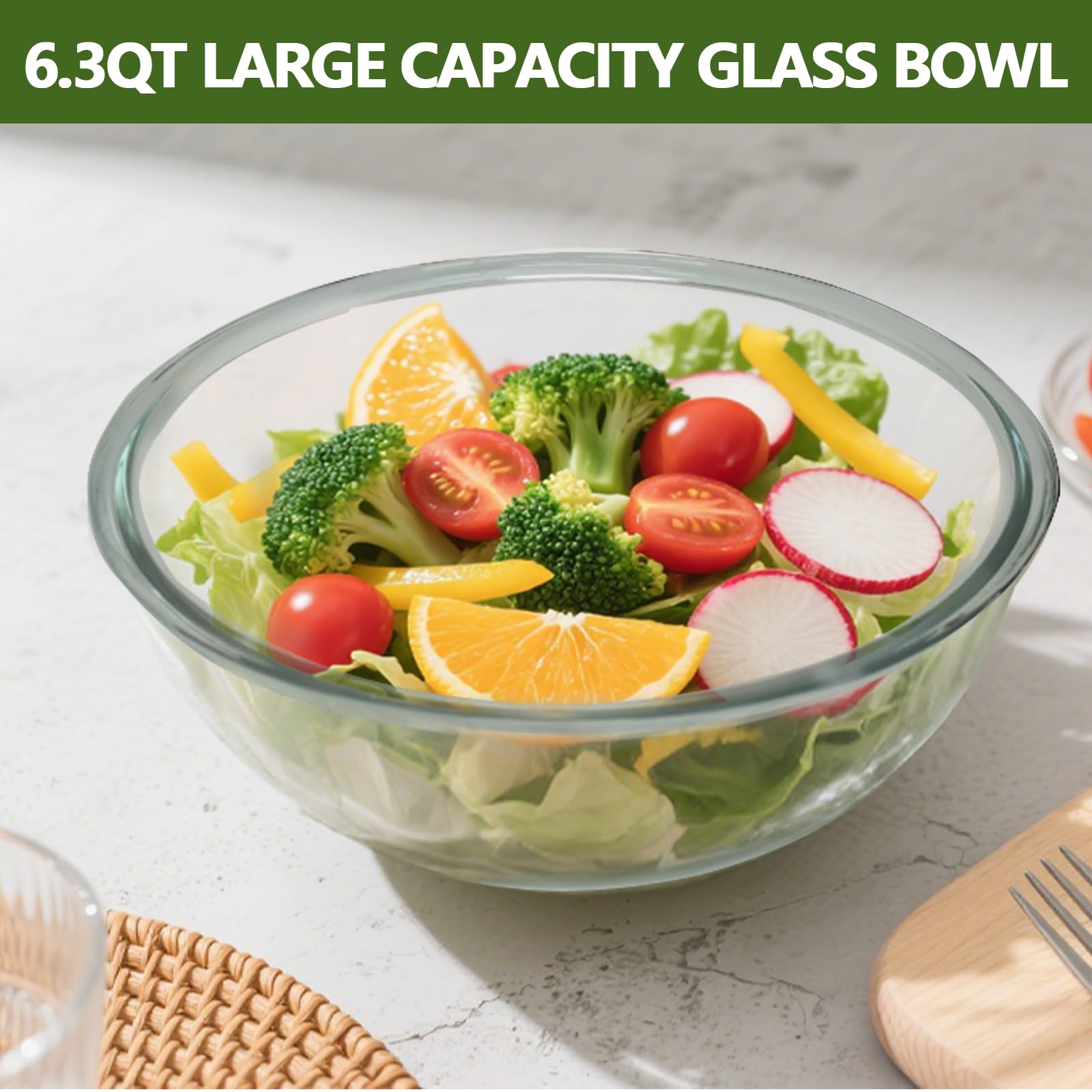 Große Glas-Rührschüssel mit Deckel, 6,3 l verdickte Schüsselkanten, klares Glas, Salat-Kochschalen für Sauerteig, Salat und Aufbewahrung, Vorbereitung und Backen von Lebensmitteln