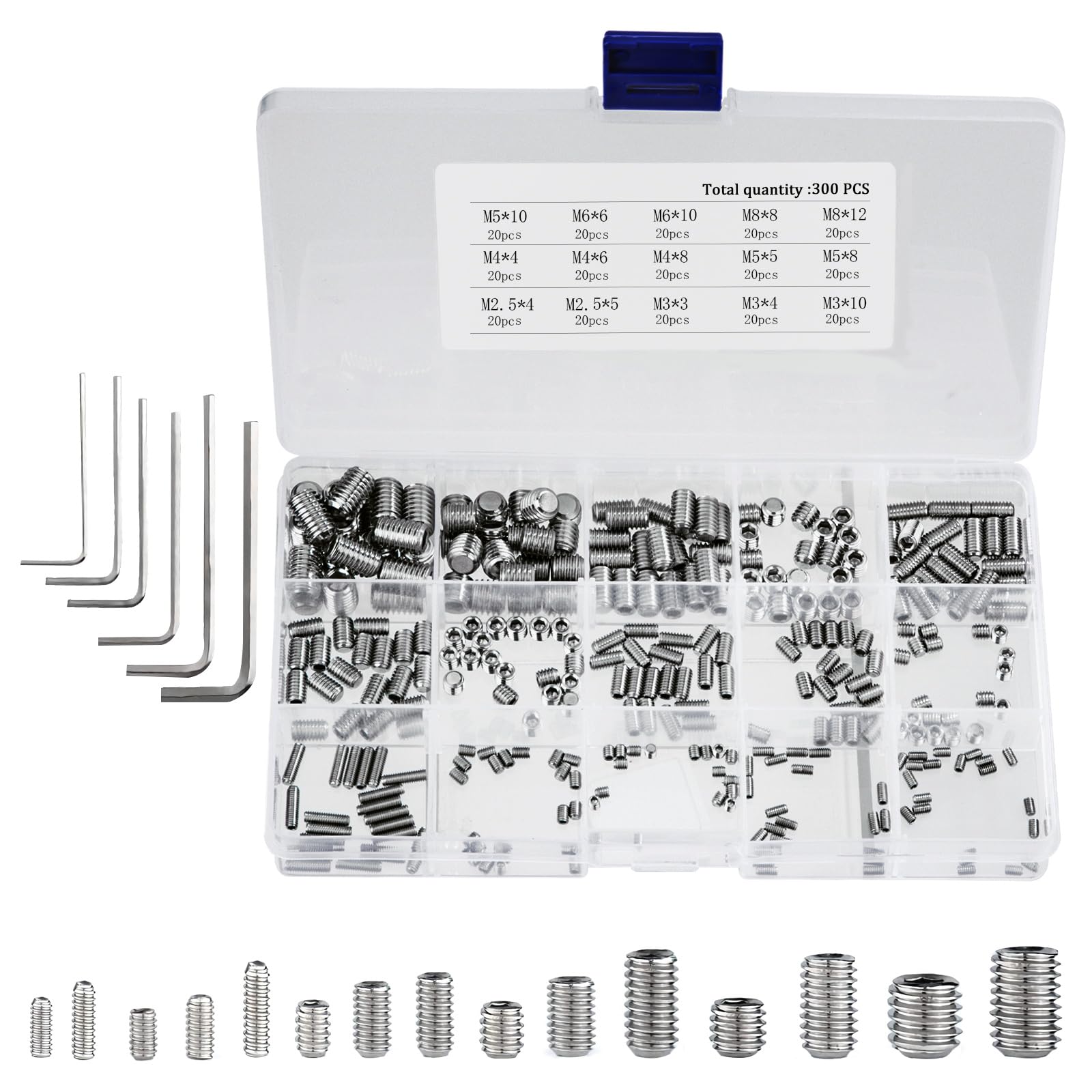 Tunejoy Viti Senza Testa M2.5 M3 M4 M5 M6 M8 Viti a Grano Esagonale Vite Grani in Acciaio Inossidabile Assortimento Kit con Chiavi Brugola 300 Pezzi