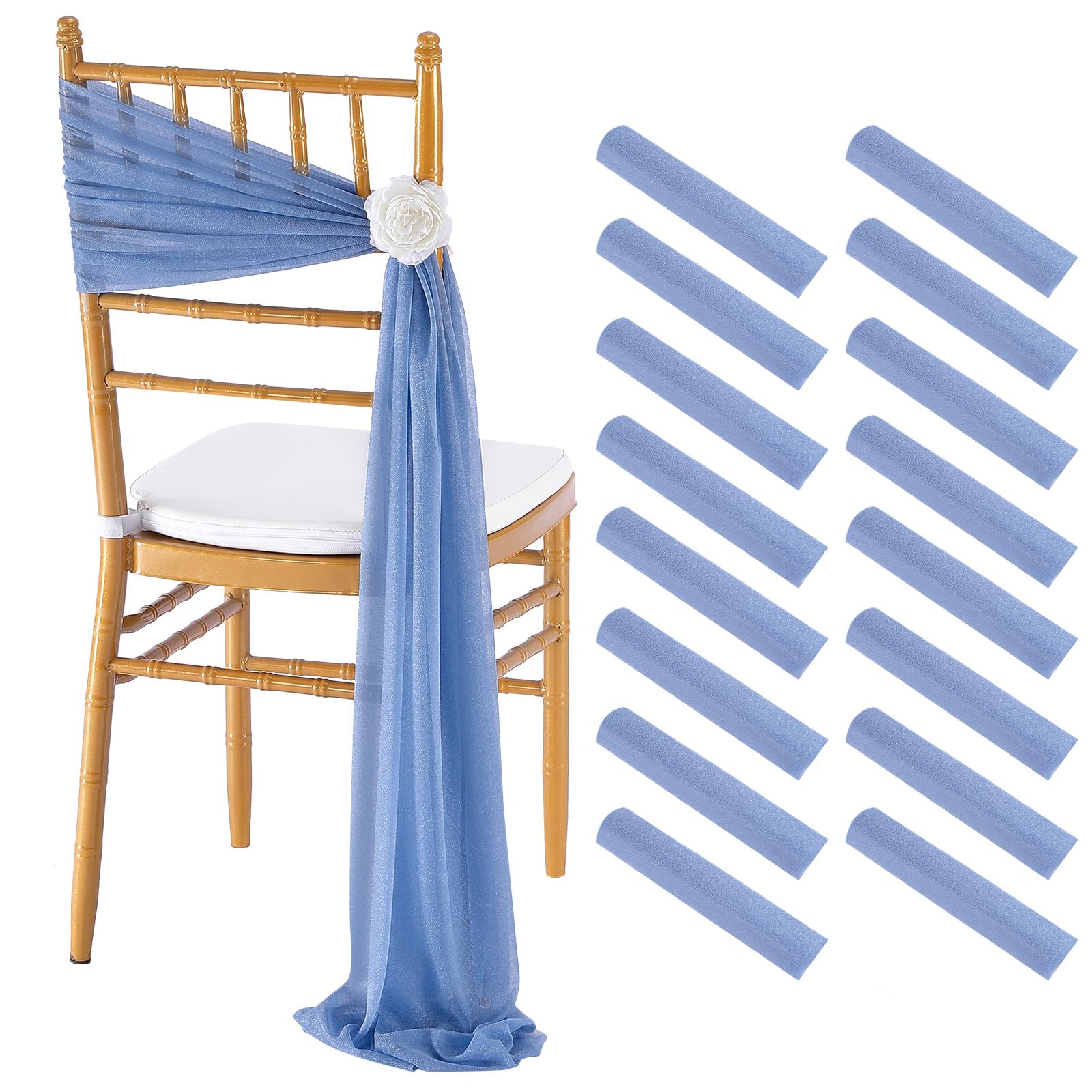 Fanqisi 16 Pieces Tulle Chair Sashes 8ft Long Dusty Blue Tulle Fabric Ribbon for Dinner Party Bridal Shower Chairs Decoration