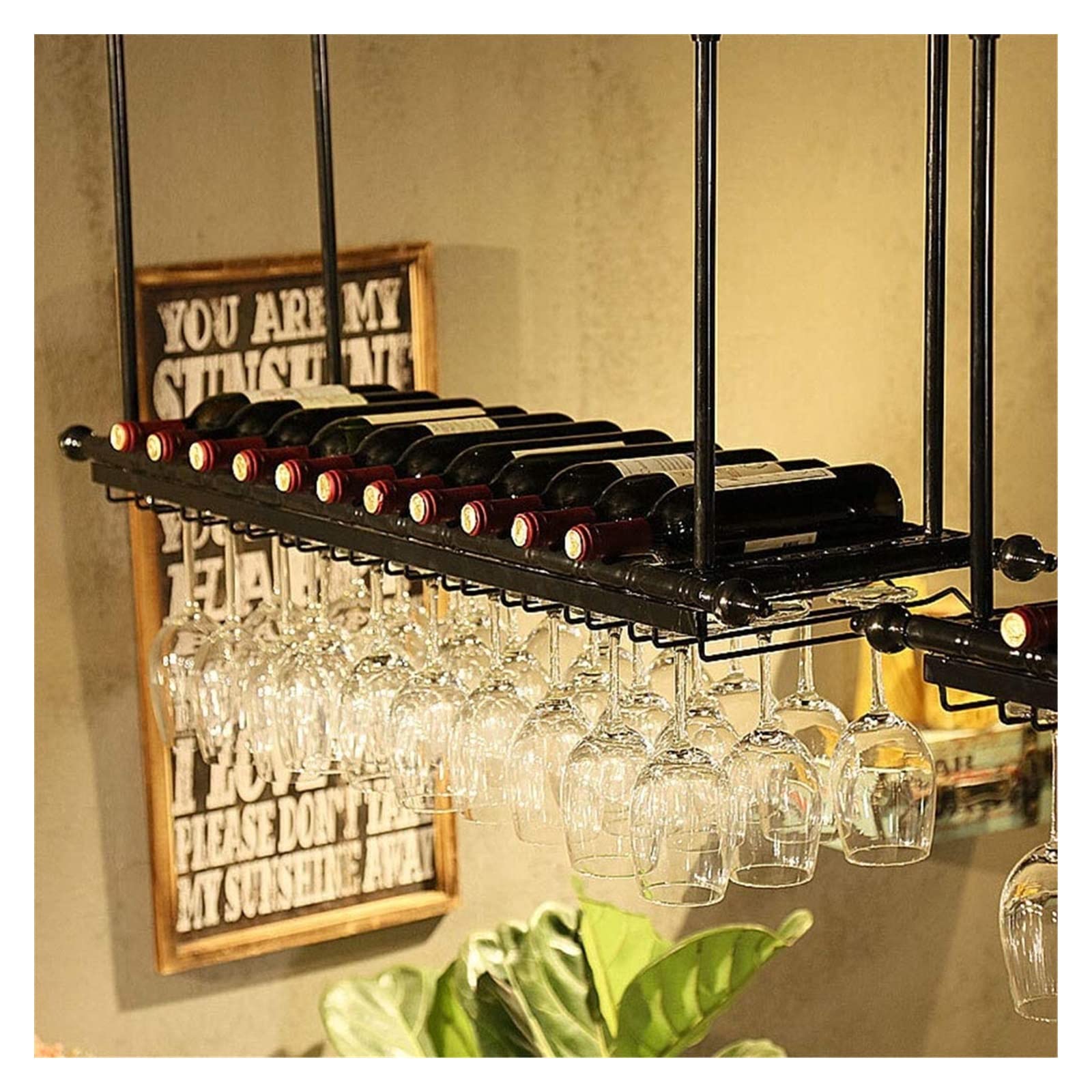 PUCHEN Portabottiglie da parete in legno massello, portabottiglie da vino, portabottiglie capovolto, portacalici sospeso, portabicchieri da vino rosso J111, nero, 60 * 30 cm matrimonio Comfortable