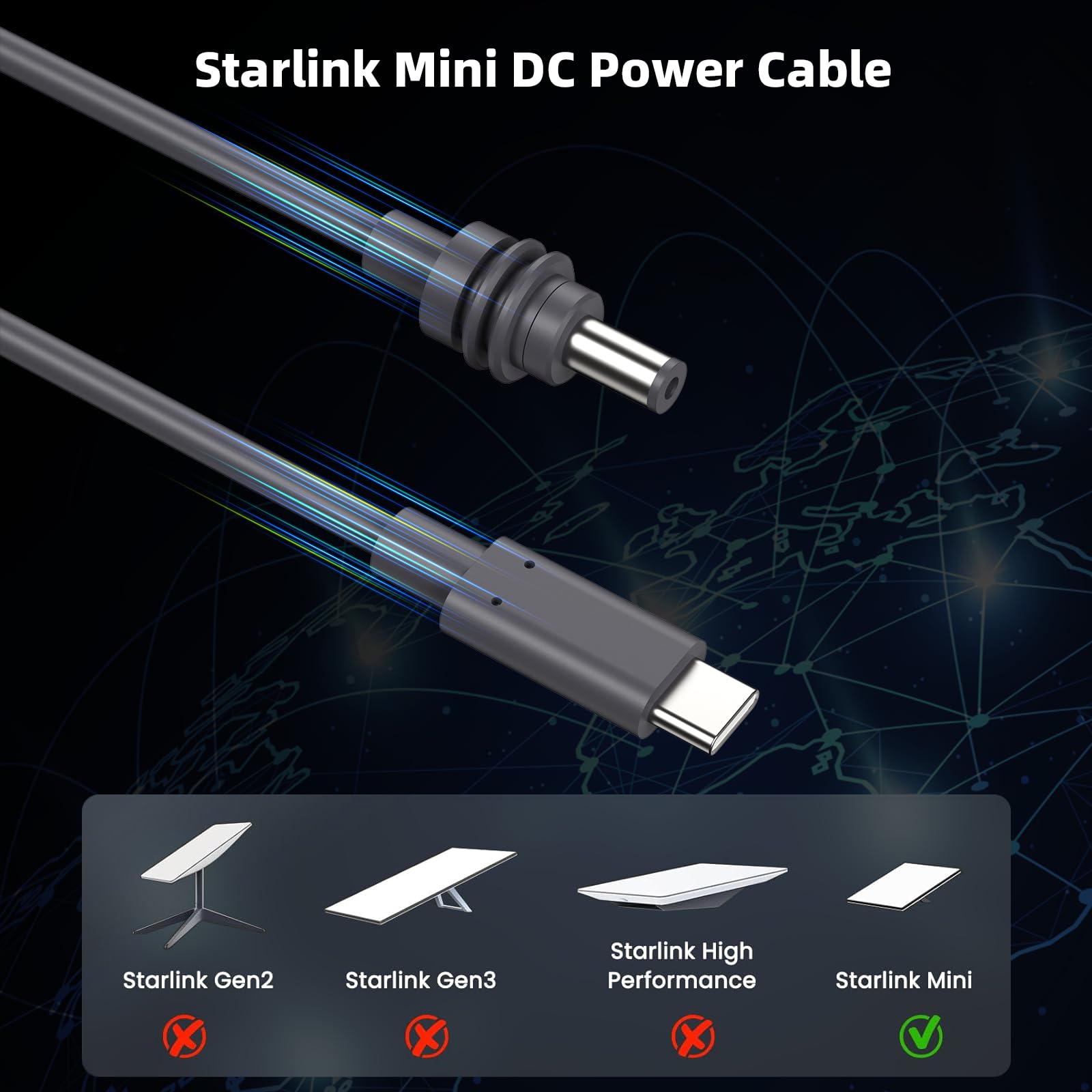 Cable de alimentación Starlink Mini USB C a CC de 5 m, entrada tipo C de 100 W a mini cable impermeable Starlink, con lazo de gestión de cables