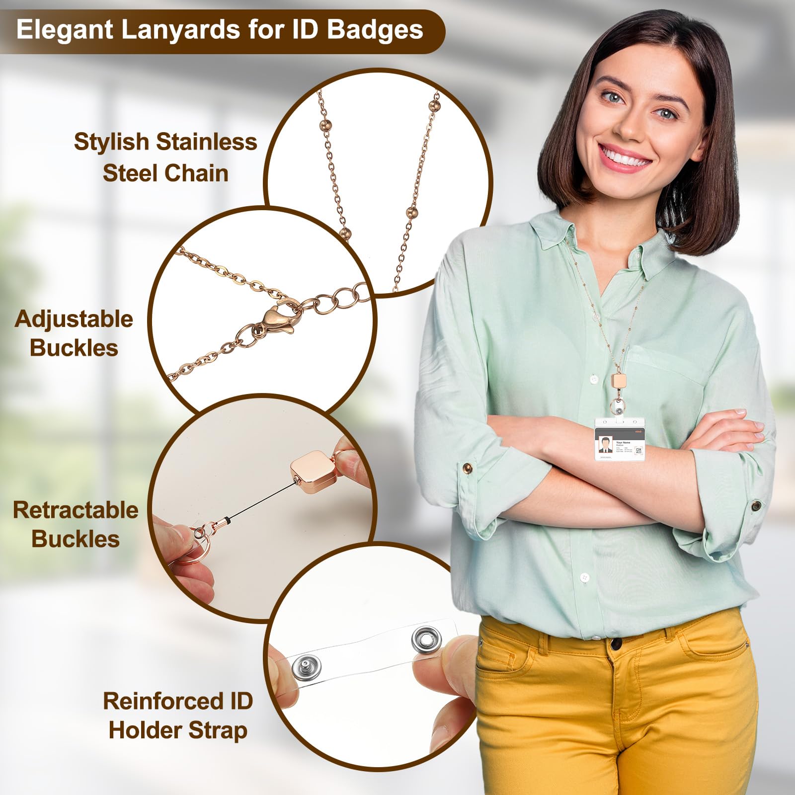PATIKIL Badge Necklace Lanyard with ID Holder,304 Stainless Steel Retractable Square Badge Reel Lanyard Clip Chain with 1 Set ID Holder for Woman Office ID Card Key,Rose Gold - Image 3