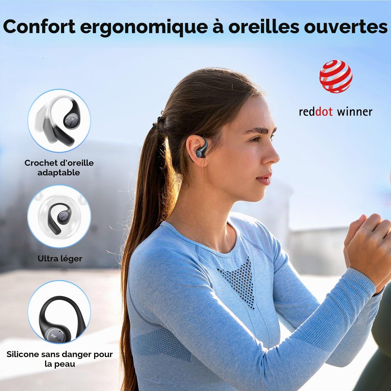 EarFun OpenJump Écouteurs sans Fil, Crochets d’Oreille Réglables | Hi-Res Audio, LDAC, 42 H d'autonomie, Recharge Sans Fil, IPX7, Appels Clairs avec IA, Mode Jeu, Connexion Multipoint, Noir