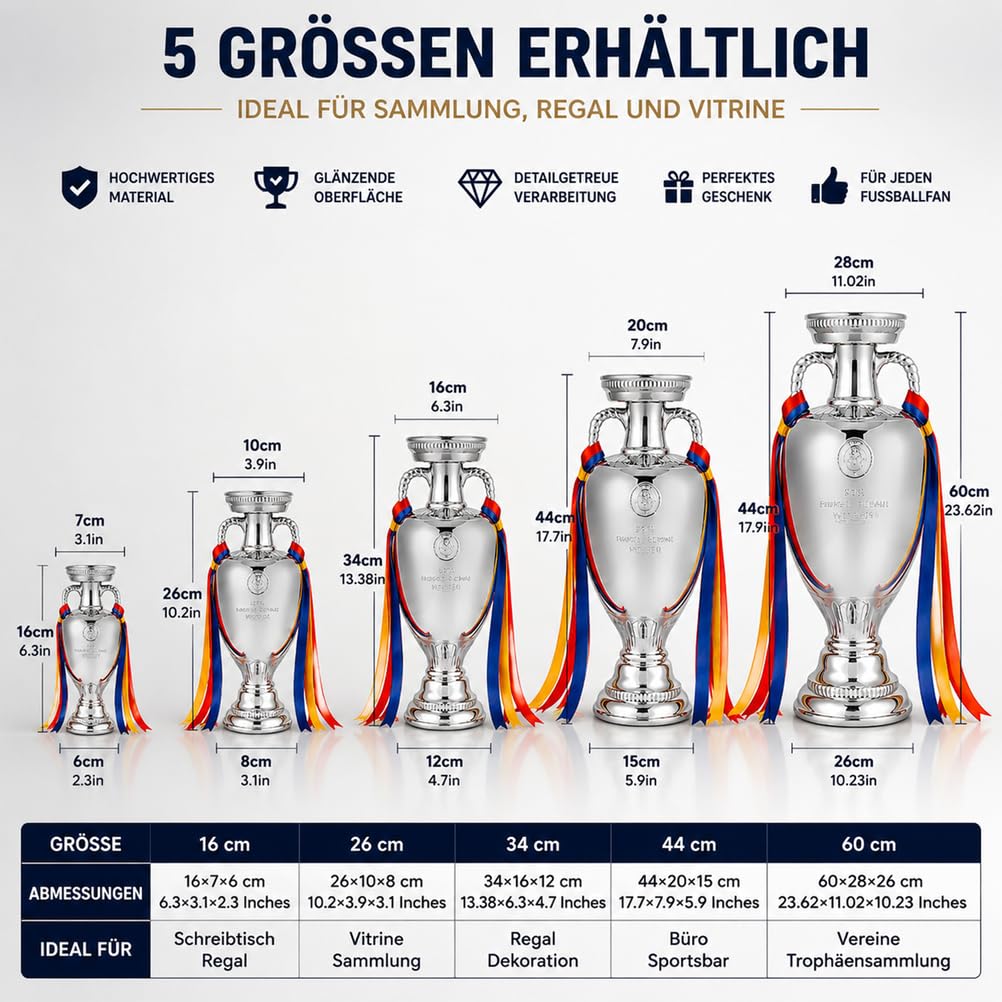 Europa Meister Pokal Replik aus Harz mit Galvanisiertem Silberlook | Fußballpokal Sammlerstück für Vitrine,Fanraum,Ideal als Sportandenken,Wohnaccessoire und Geschenk für Fußballfans und Sammler