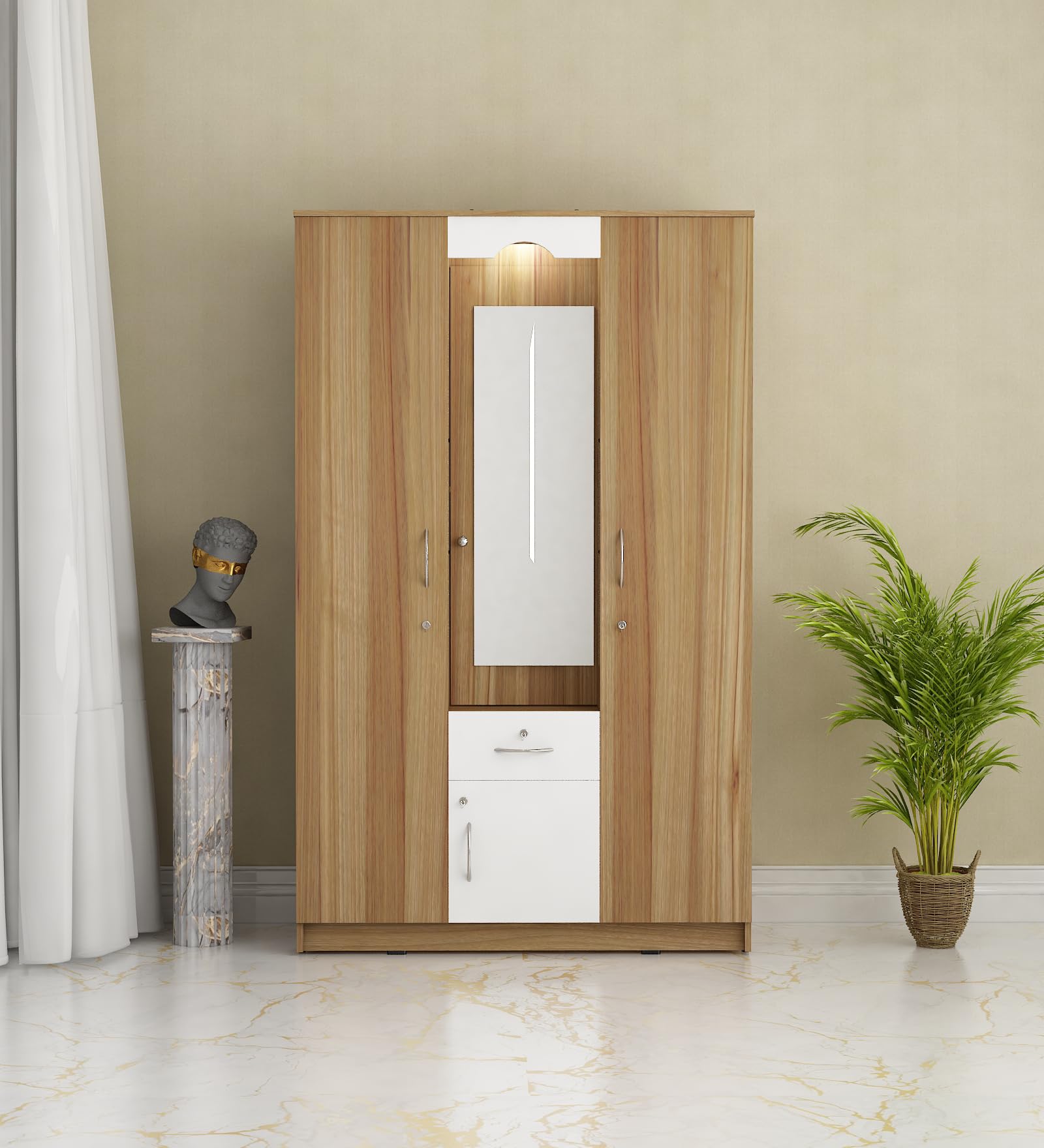 REDIM 3 Door Wardrobe | Engineered Wood Wardrobe with Dressing Table | 12 Shelves | Lyon Teak White | Knock Down-image-25