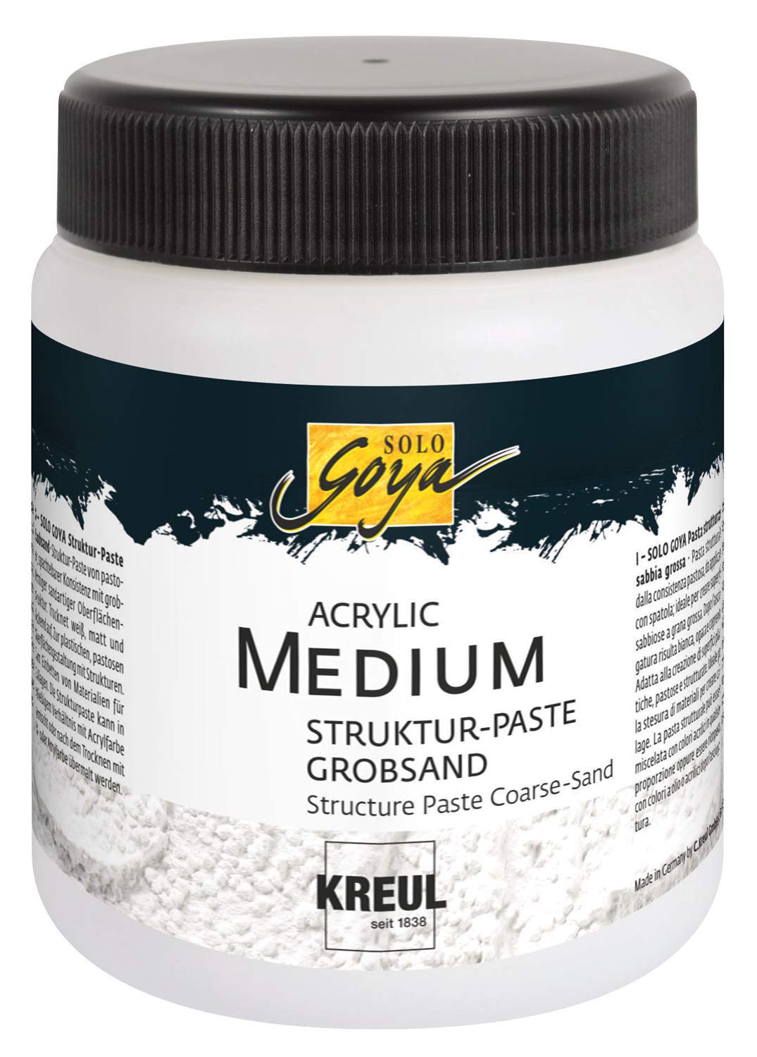 KREUL 85610 - Solo 1000 ml Goya Acrylic Medium w kolorze białym, struktura pasty gruboziarnisty piasek, pastelowa szpachla, o gruboziarnistej strukturze powierzchni, może być barwiona i malowana
