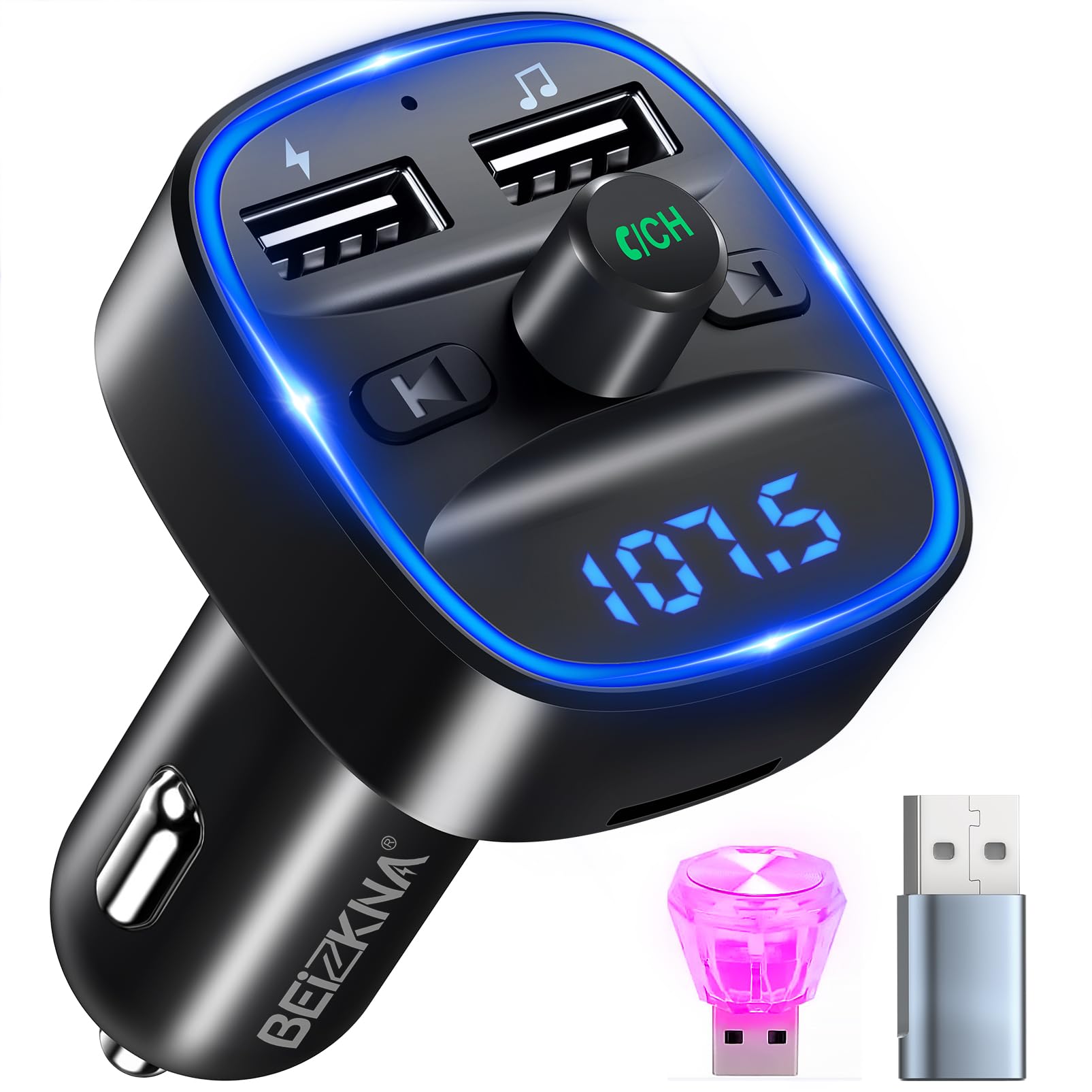 Trasmettitore FM Bluetooth 5.3 per Auto Radio, Adattatore Bluetooth Auto con 2 Porte USB, Kit Vivavoce MP3 Audio Lettore Caricabatterie Auto Supporto BT, Scheda TF, Disco USB