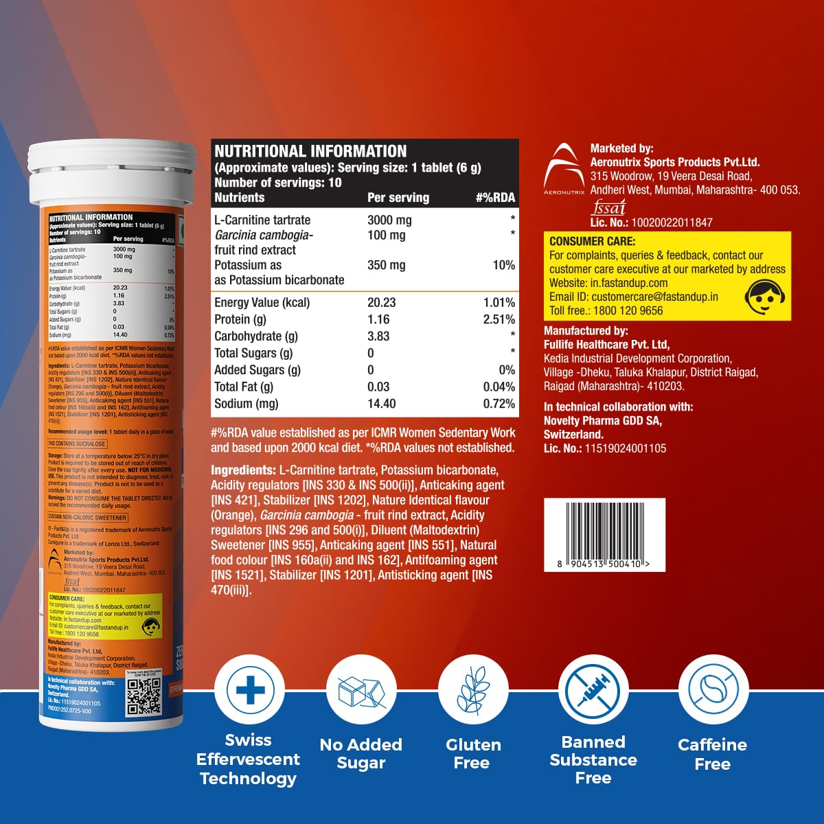 Fast&Up L Carnitine tartrate 3000mg Effervescent Tablets | Triple Action L Carnitine Supplement with Garcinia Cambogia & Potassium | Fat Burner for Weight Loss| Controls Cravings I Reduces Bloating I Orange Flavour (Pack of 2) 3