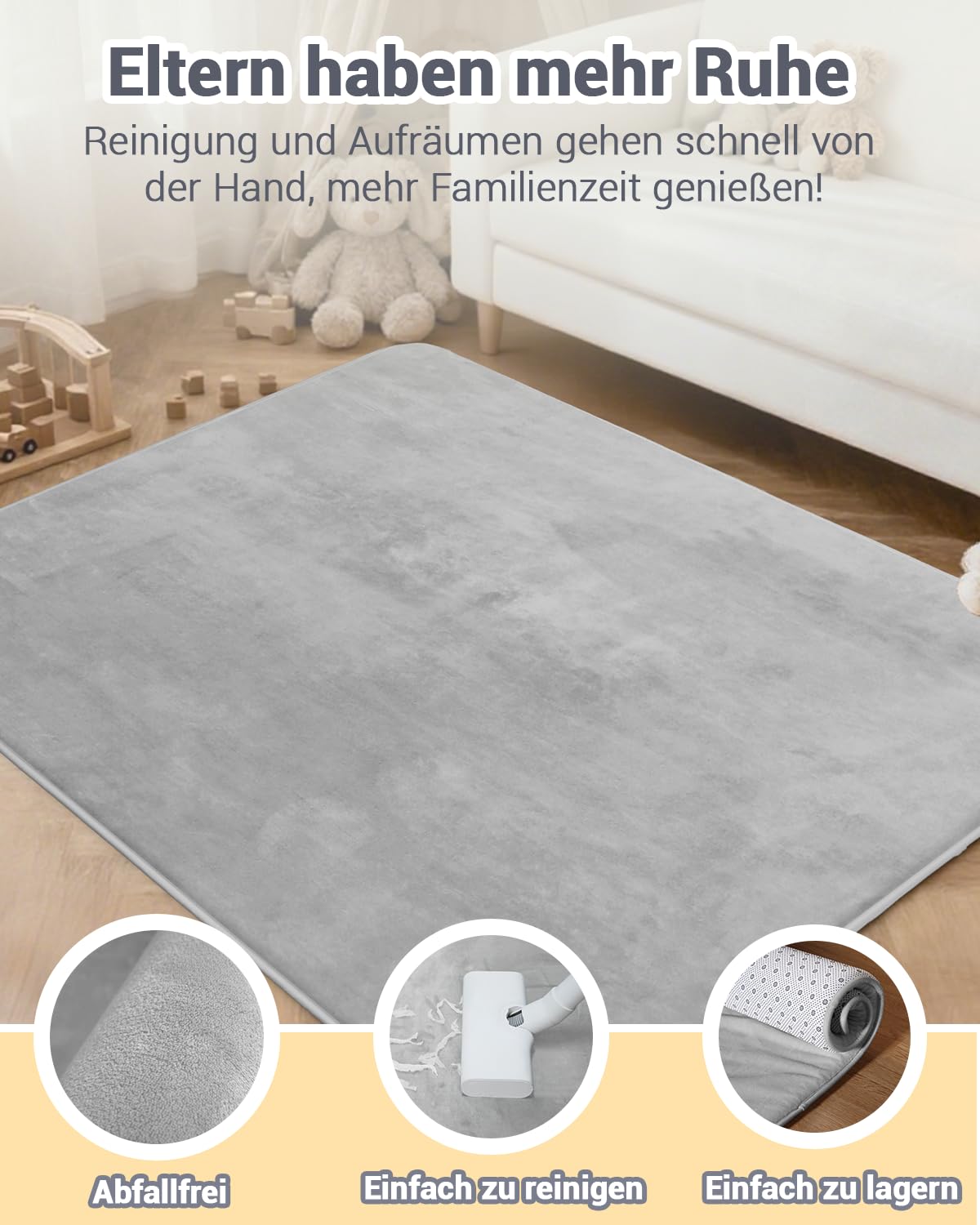 Dicke Krabbelmatte Baby 120×120×3cm,Schaumfüllung Teppich Spielmatte Baby,Rutschfester Unterseite&Weicher Kurzflor, Pflegeleicht,Teppich Kinderzimmer,Spielmatten Für Laufgitter,Grau