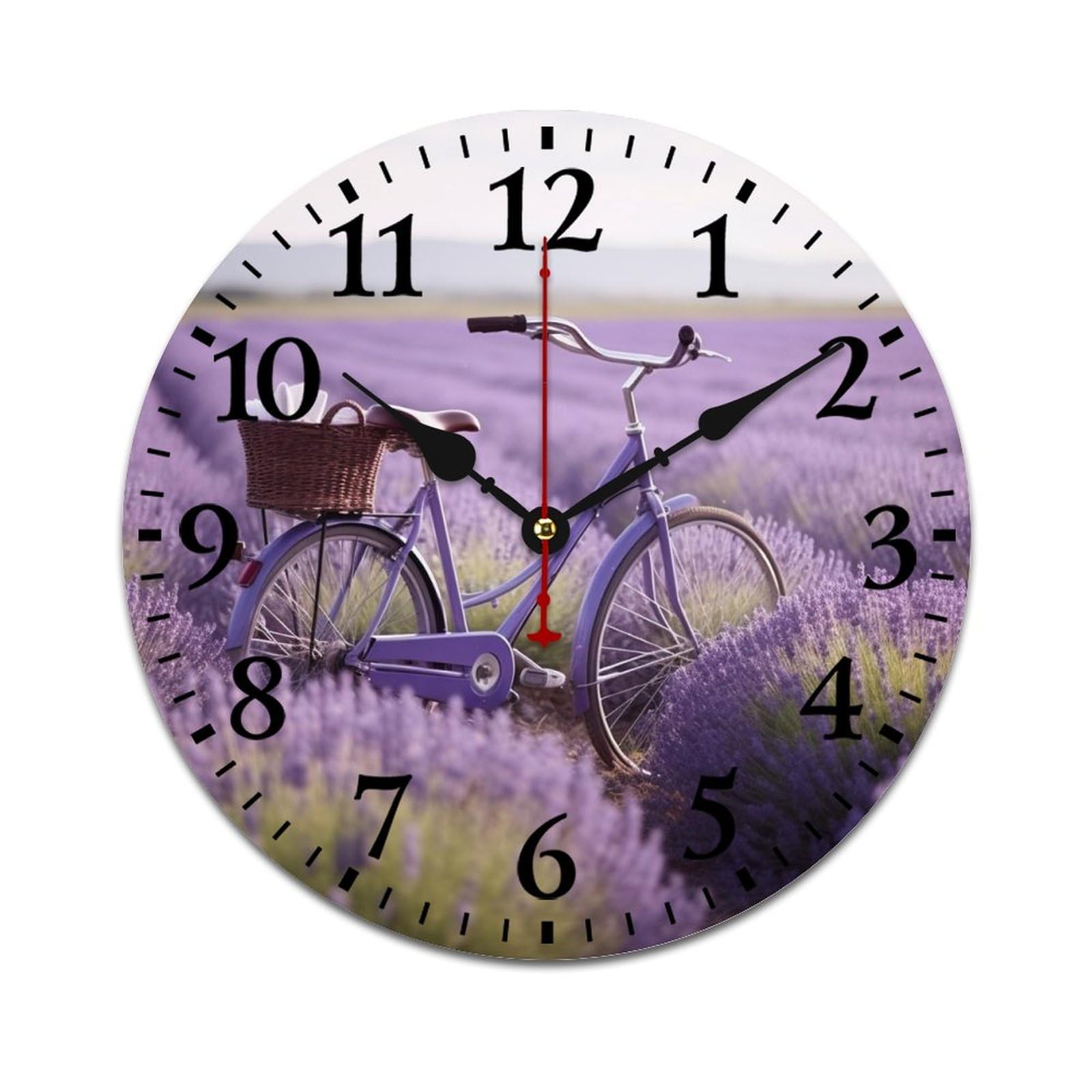 NTVOWPZO 10 Inch Wall Clock Wooden Lavender Field Bike Battery Operated Wall Clocks Silent Non-Ticking Square Wall Clock for Living Room Kitchen Home Office Wall Decorative Clocks