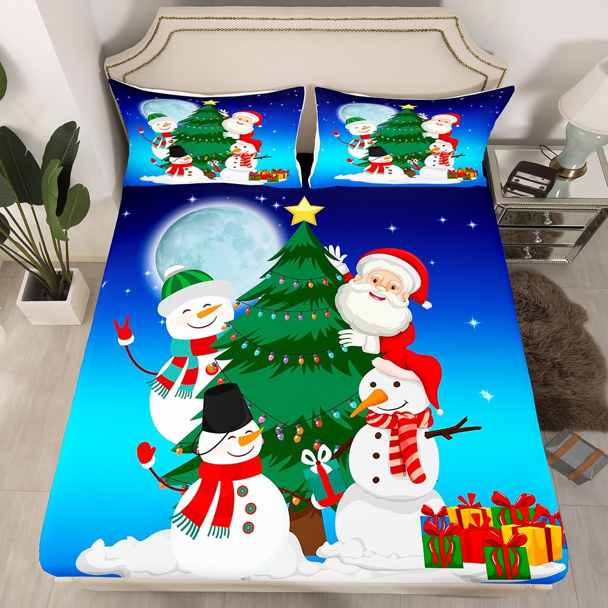 Christmas Fitted Sheet Double Size, Xmas Tree Snowman and Santa Claus Bed Cover with 2 Pillowcases, New Year Theme Bedding Set 3pcs for Kids Boys Adults, Soft Polyester Bedding — image 1