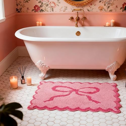 Miniatura 26 de ORTIGIA Alfombras de baño rosas con bordes ondulados, antideslizantes y lavables, tapetes de baño de microfibra suave y absorbente de secado rápido,