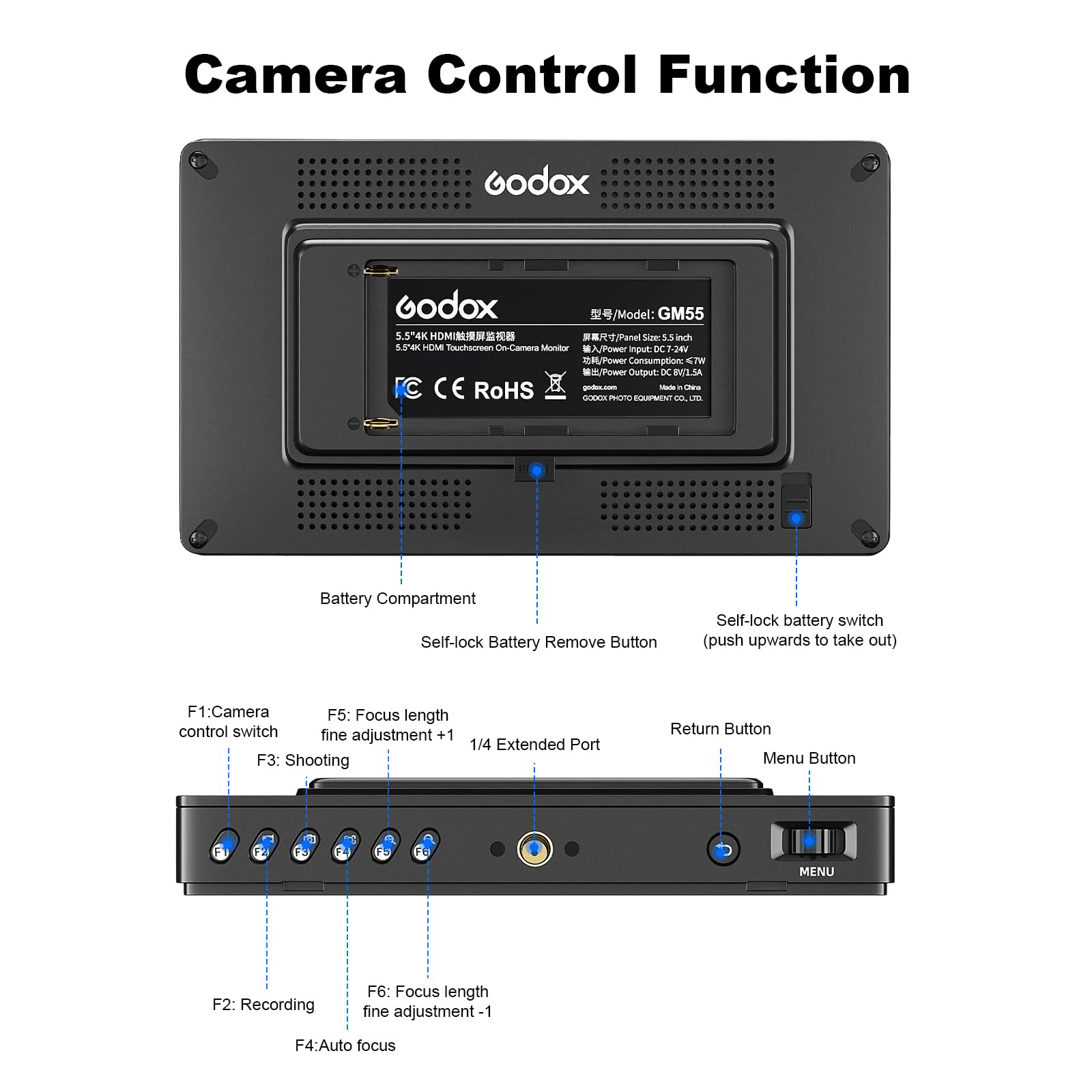 Godox GM55 5,5 Pouce 4k Externe Caméra Moniteur avec Batteria Écran Tactile 410nit DSLR Camera Field Monitor 1920x1080 IPS HDMI 3D LUT avec NP-F550 Batteria Pare-Soleil de Terrain pour Micro et DSLR