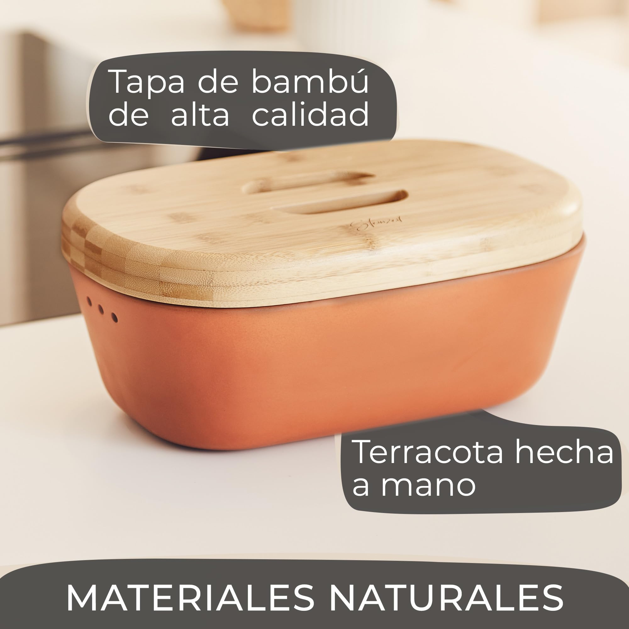 Steinzeit Panera diseño - Bread Box de barro transpirable - Caja de pan de cerámica con elegante tapa de bambú - Panera para un almacenamiento que ahorra espacio
