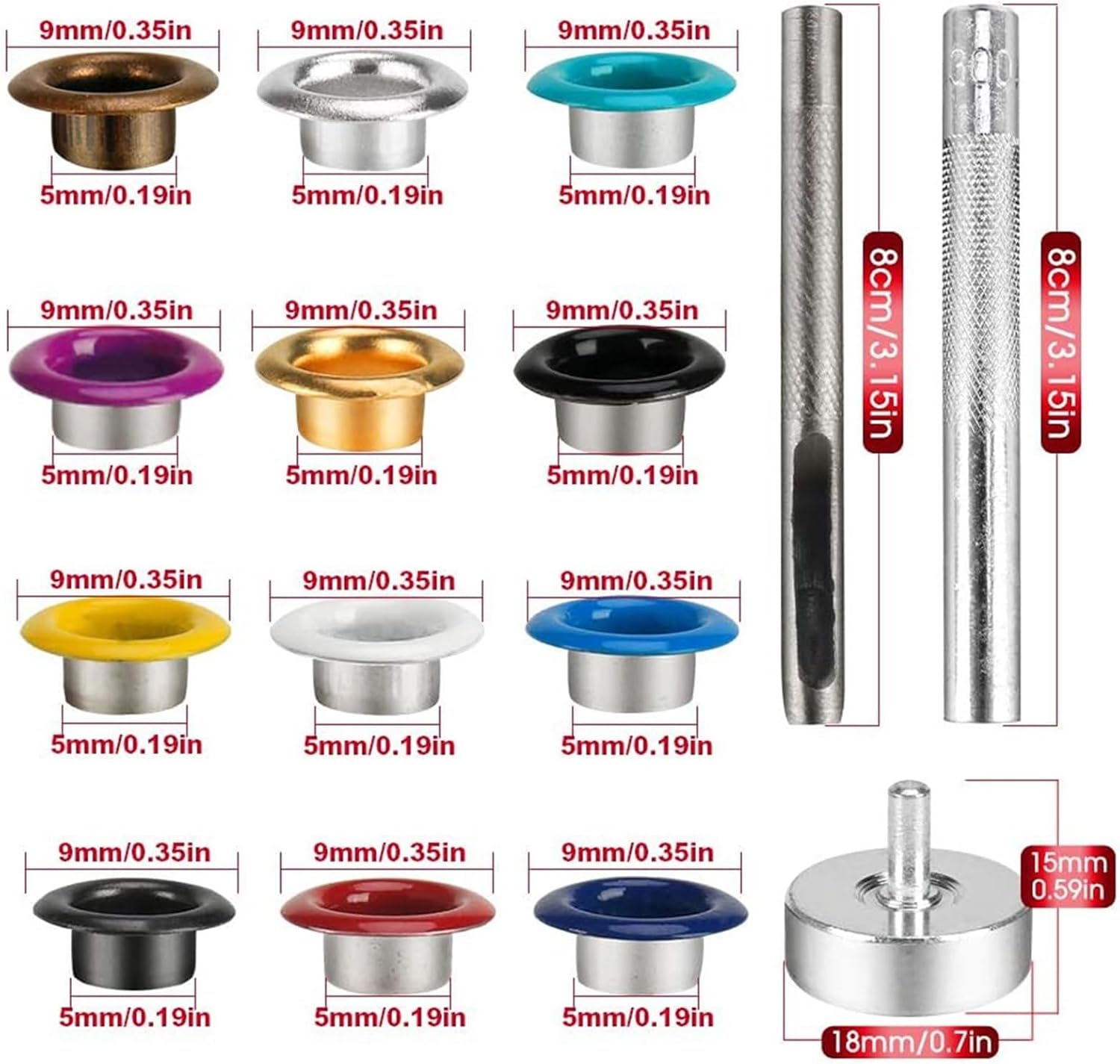 600pcs Metal Eyelets 3/16inch Grommets Kit with 3pcs Installation Tool for DIY Shoes Clothes Crafts Bag for PU Leather/Belt/Shoes/Crafts