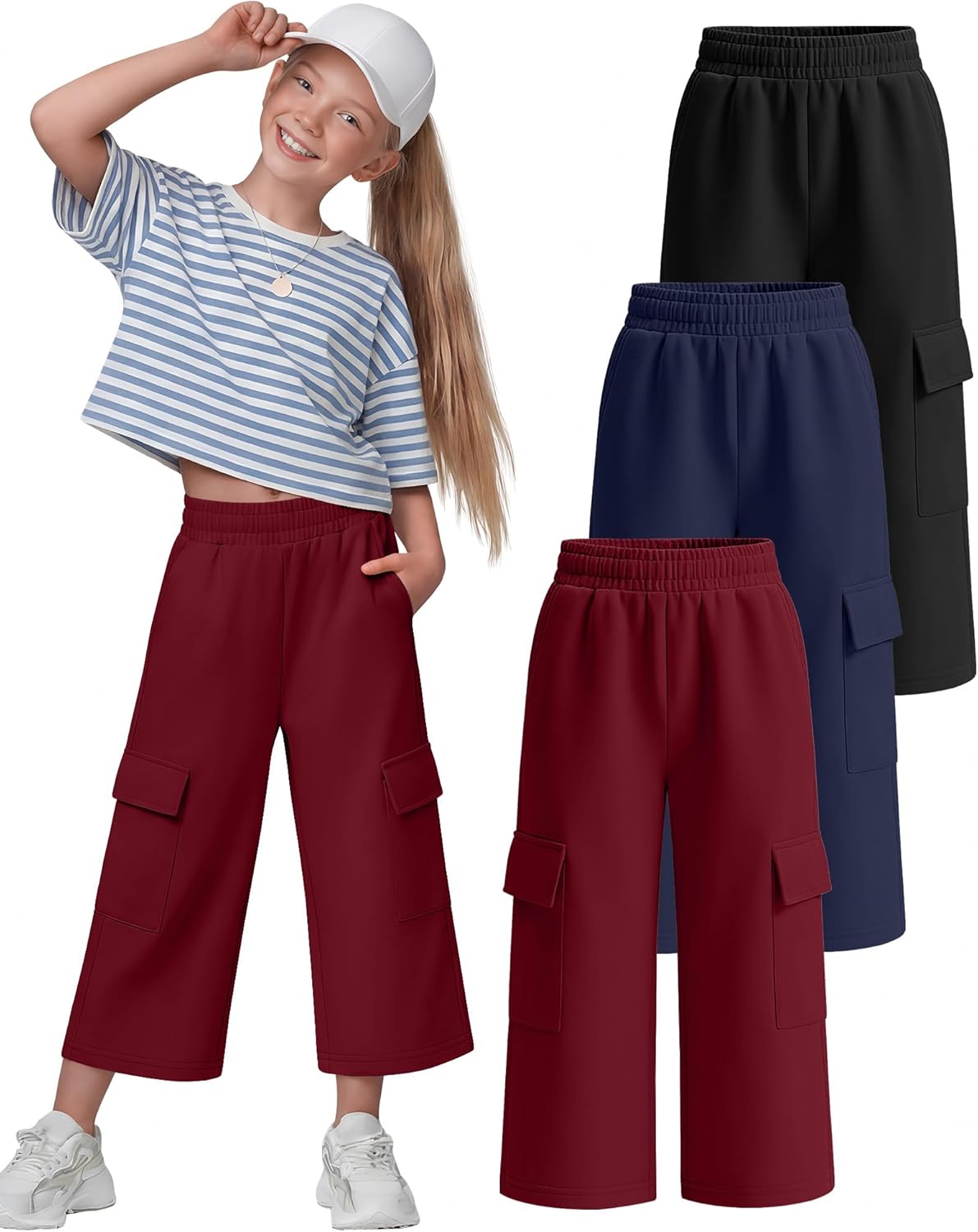 Halfchet 3 Pack Girl's Cargo Capri Pants Wide Leg Elastic Waistband Sweatpants Baggy Casual Athletic Trousers with 4 Pockets