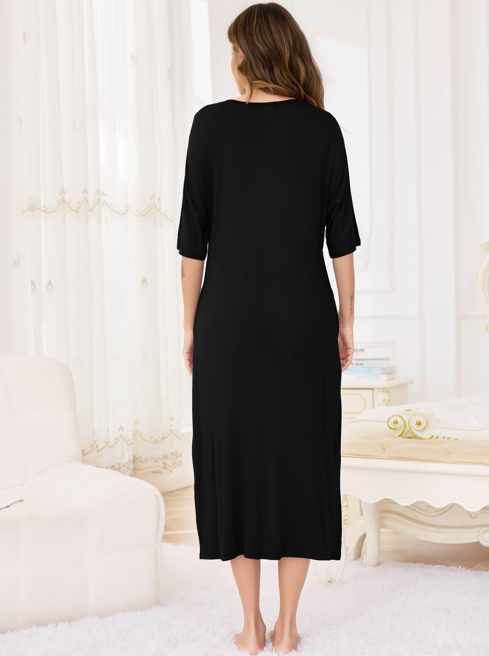 Wikoan Donna Sleepwear Collo Rotondo Manica Corta Camicia da Notte Lunga Morbida con Tasche,S-XXL