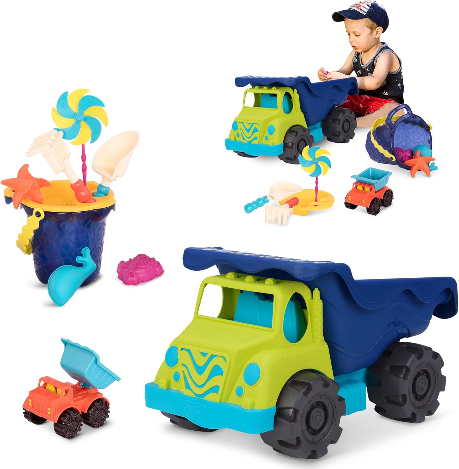 B. toys- Large 20" Colossal Cruiser & Sand Ahoy Dump Truck- Water Play & Sand Bucket Set (10-Pc) – Colossal 20" Truck, Toy Cars, Vehicles- 18 Months+