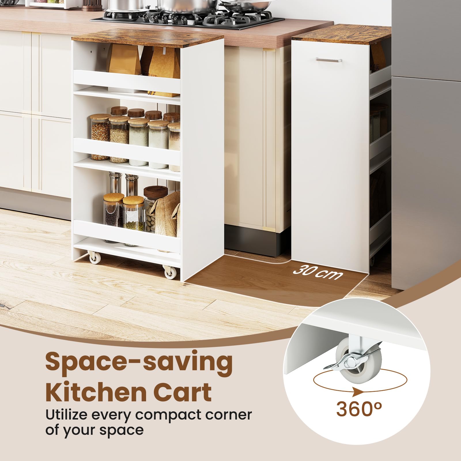 GIANTEX Carrello per Nicchia con Ruote, 4 Livelli, Carrello di Servizio Stretto Salvaspazio da Bagno, Scaffale da Cucina Sottile 47,5 x 13 x 80,5 cm, Industriale Bianco, Largo 30 cm