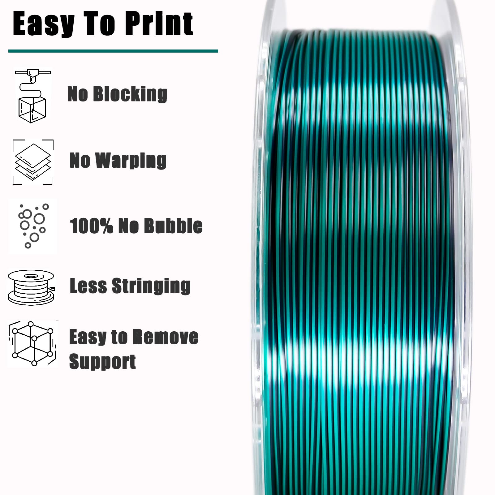 Filamento PLA de 1.75 mm, filamento de impresora 3D de ácido poliláctico sedoso, filamento de doble color, negro y verde, coextrusión 2 en 1, filamento PLA de 1.75 mm +/-0.02 mm, 1 kg